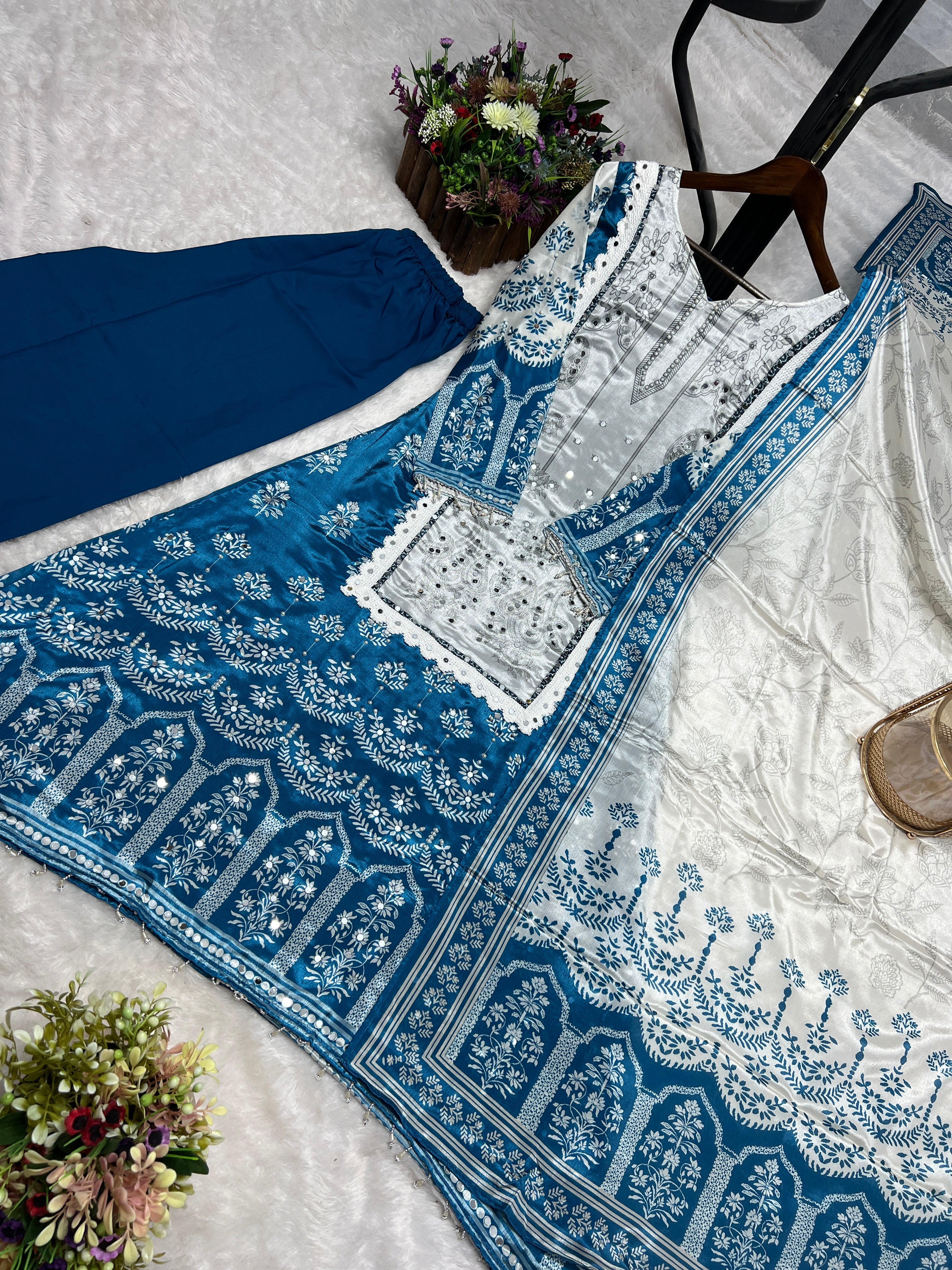Beautiful Top-Bottom And Dupatta With Digital Print With Real Mirror Hand Work
