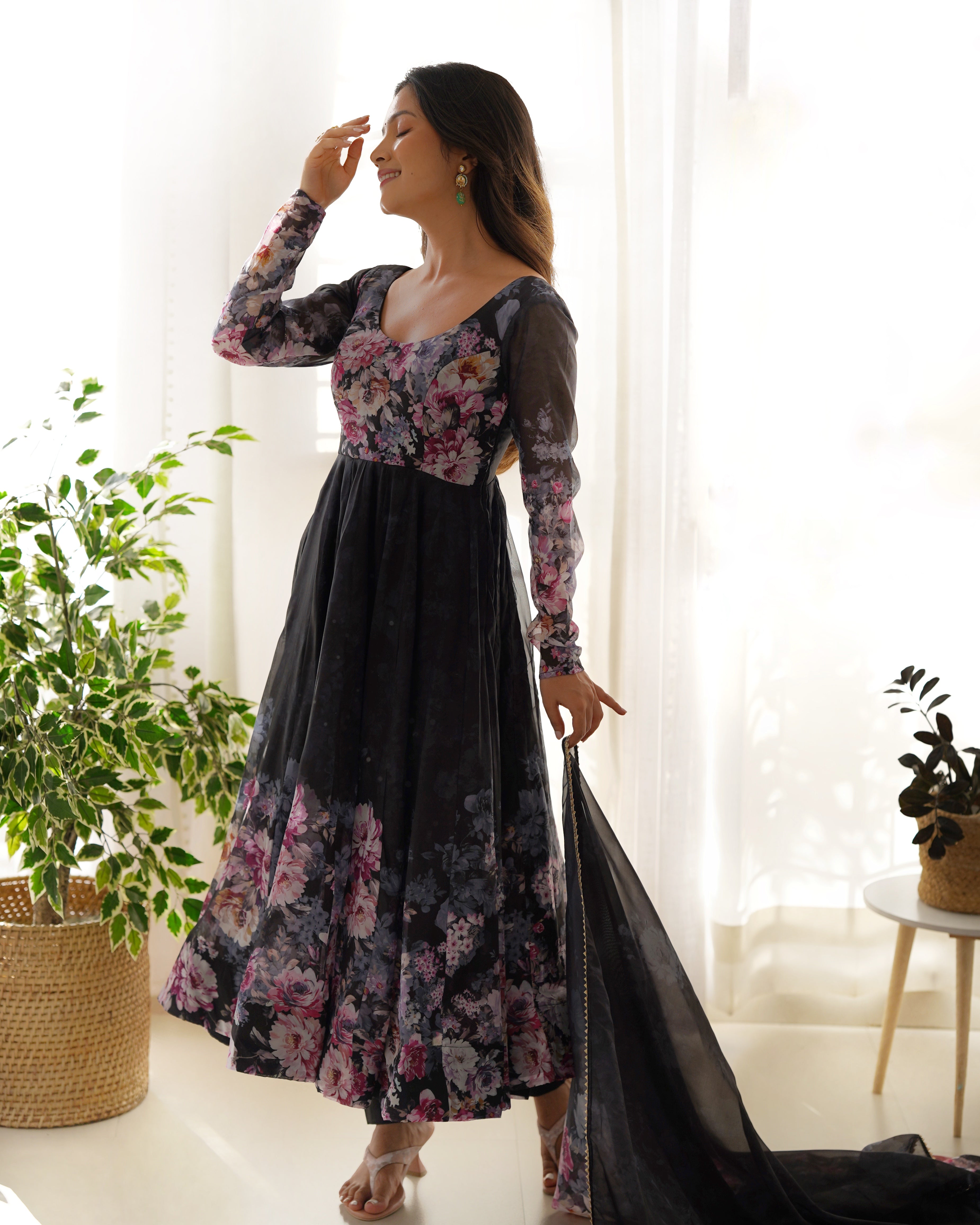 Party Wear Anarkali Gown And Pent With Dupatta With Floral Print