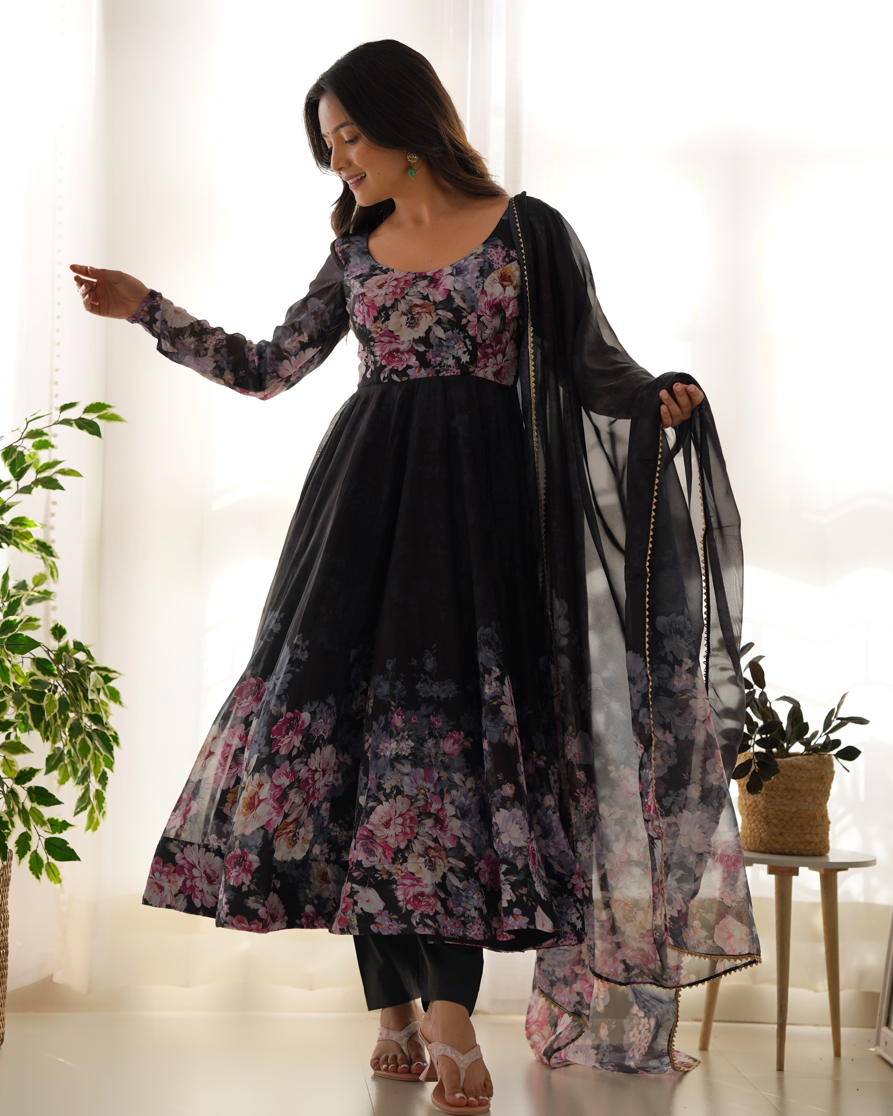 Party Wear Anarkali Gown And Pent With Dupatta With Floral Print