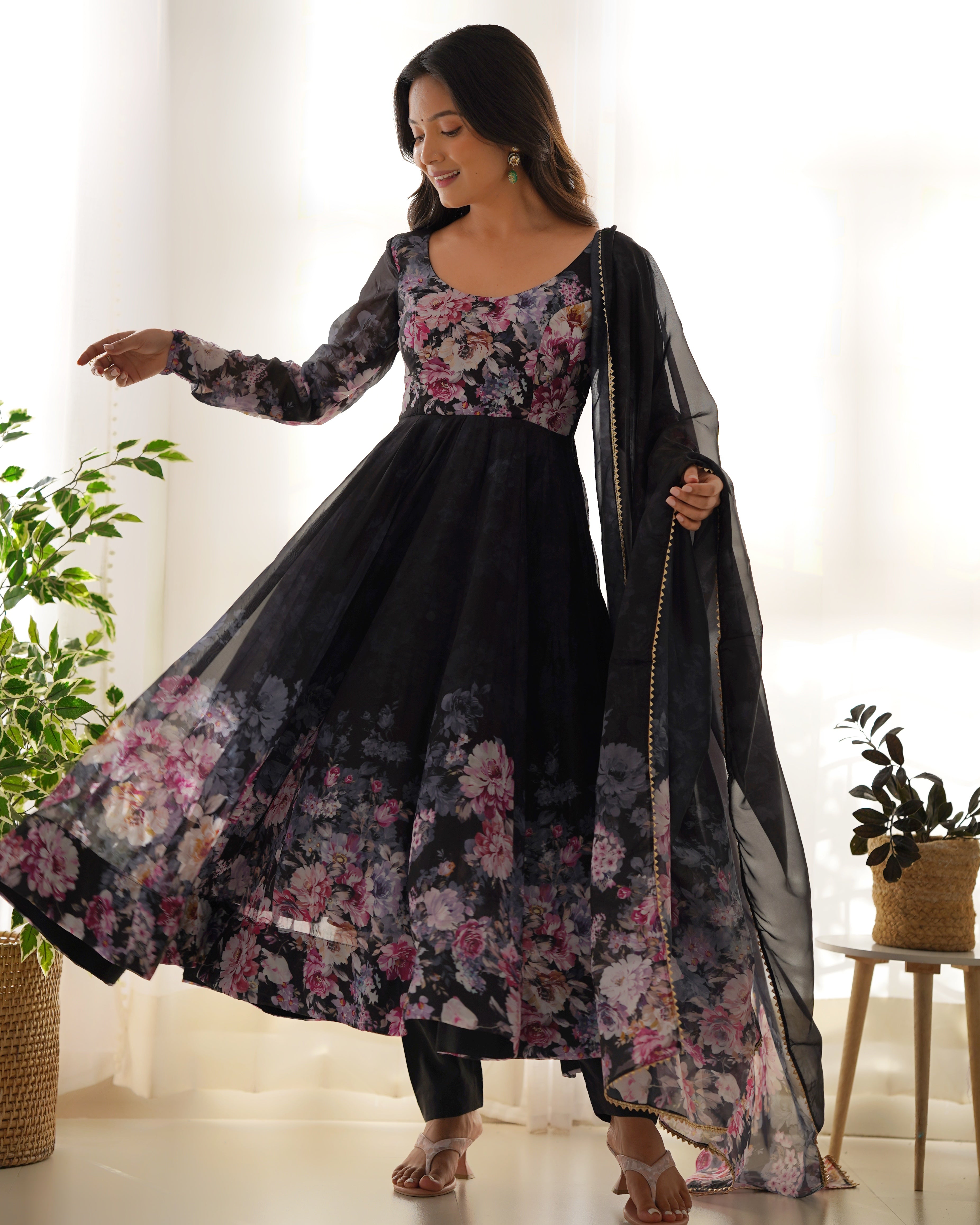 Party Wear Anarkali Gown And Pent With Dupatta With Floral Print
