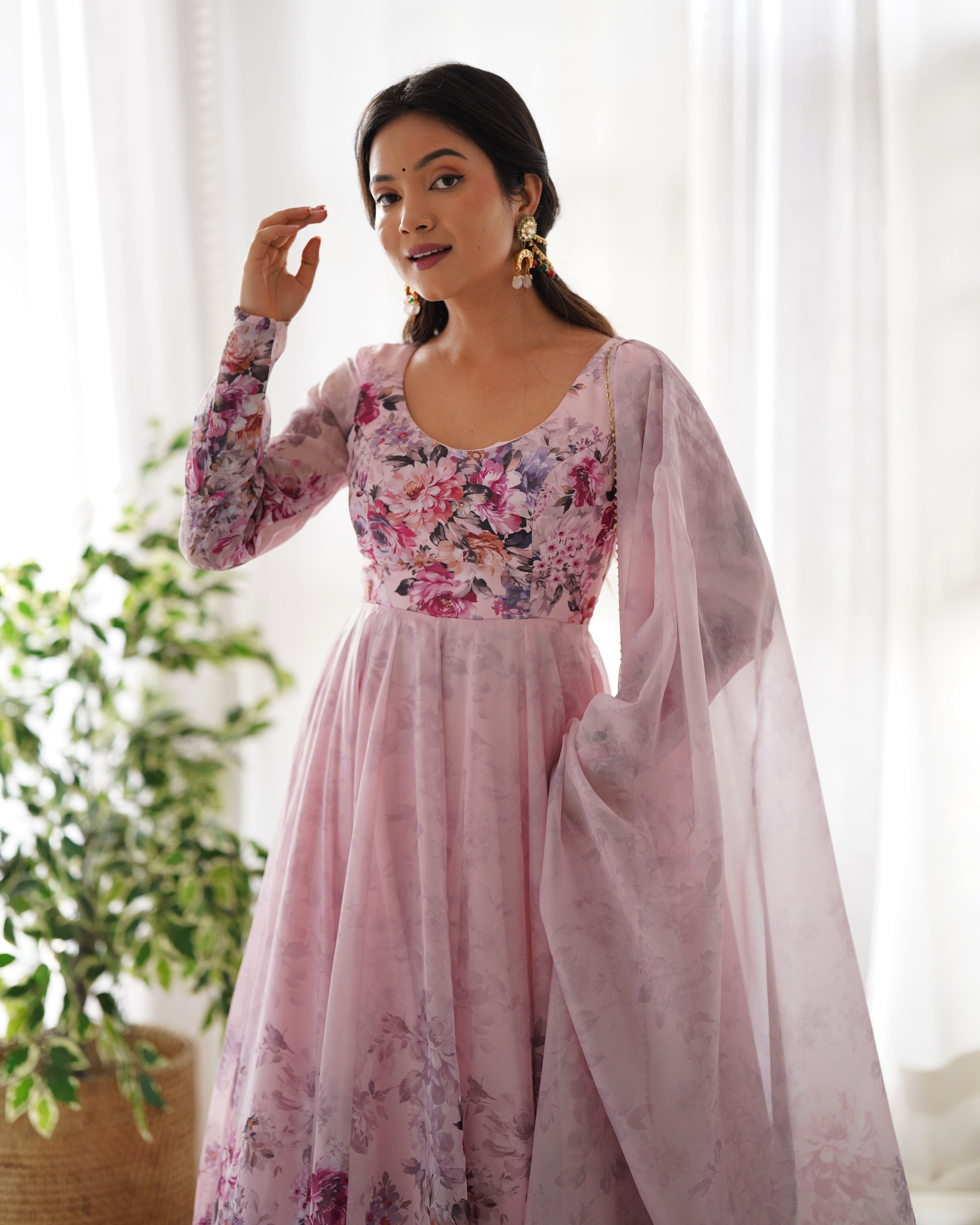 Party Wear Anarkali Gown And Pent With Dupatta With Floral Print