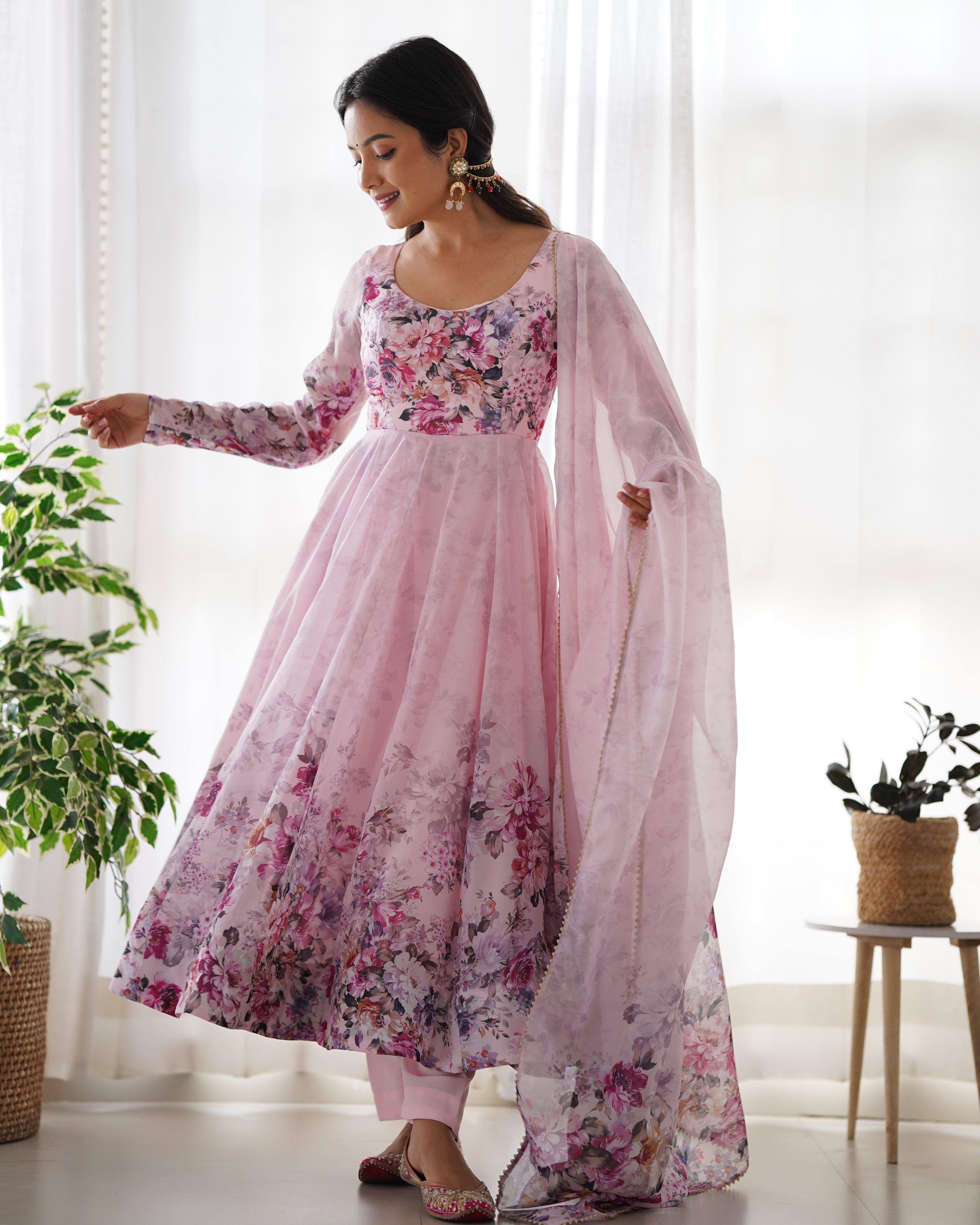 Party Wear Anarkali Gown And Pent With Dupatta With Floral Print
