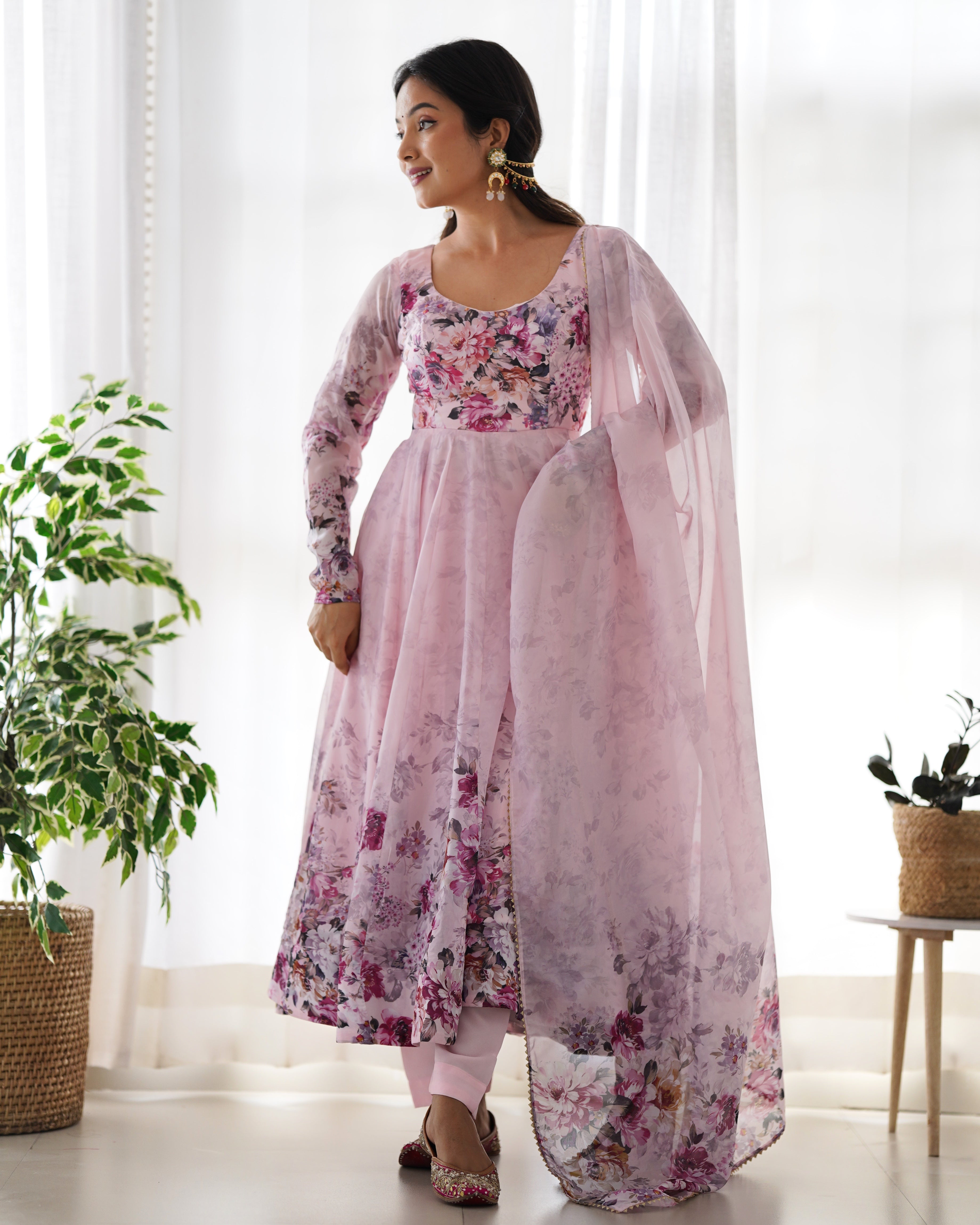 Party Wear Anarkali Gown And Pent With Dupatta With Floral Print