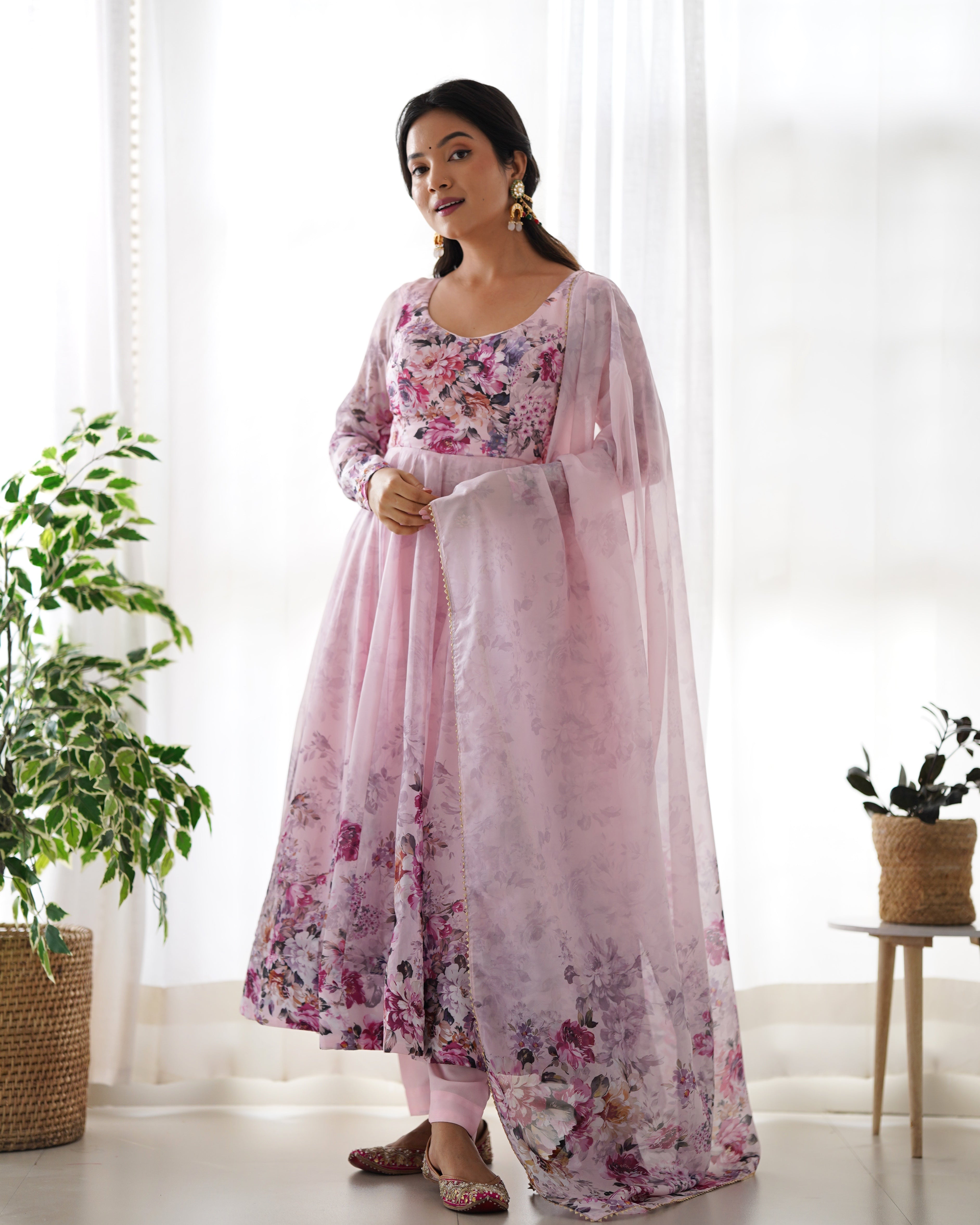 Party Wear Anarkali Gown And Pent With Dupatta With Floral Print