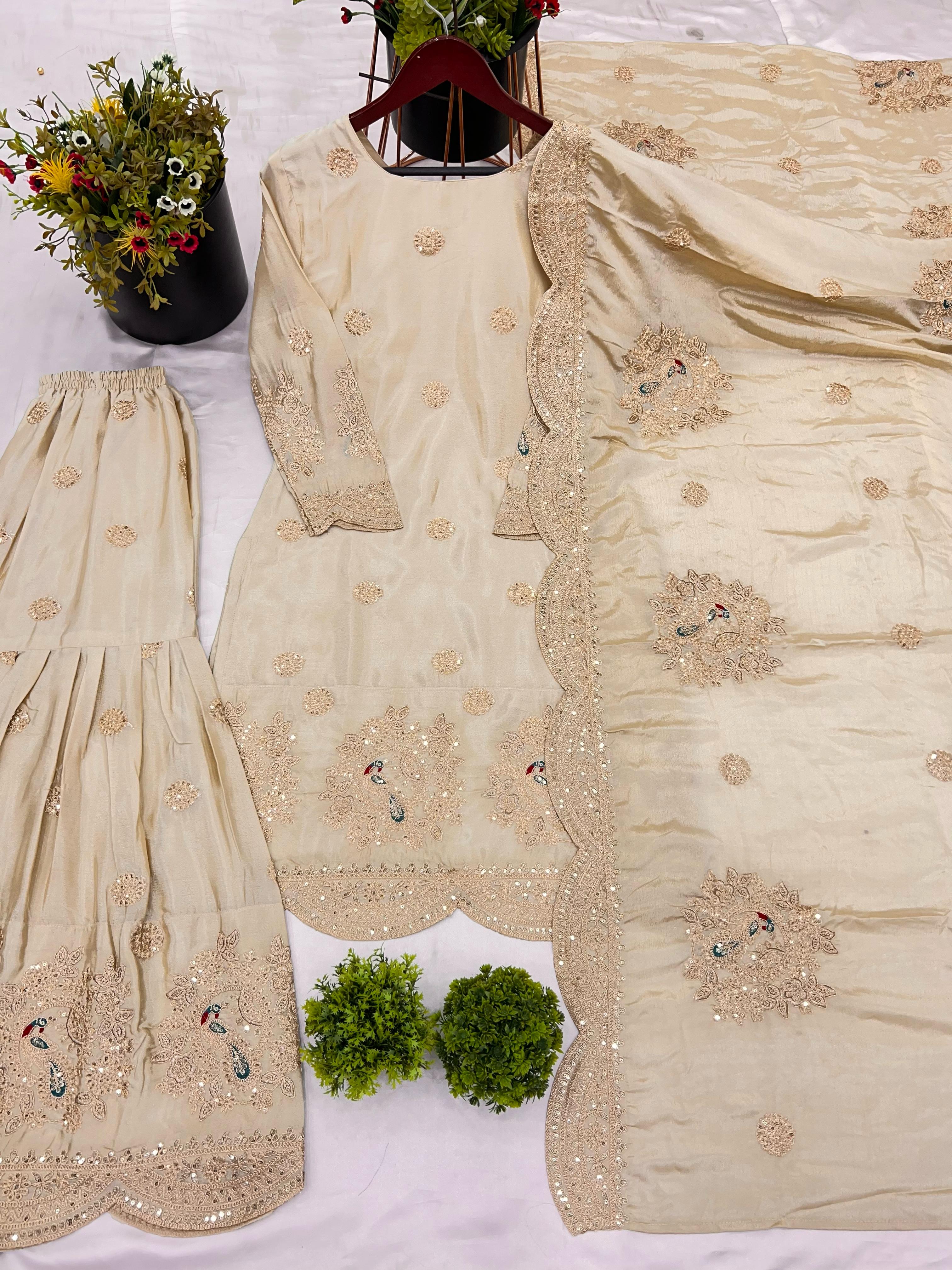 Fancy Top-Bottom And Dupatta Embroidery Coding Dori-Sequence Work