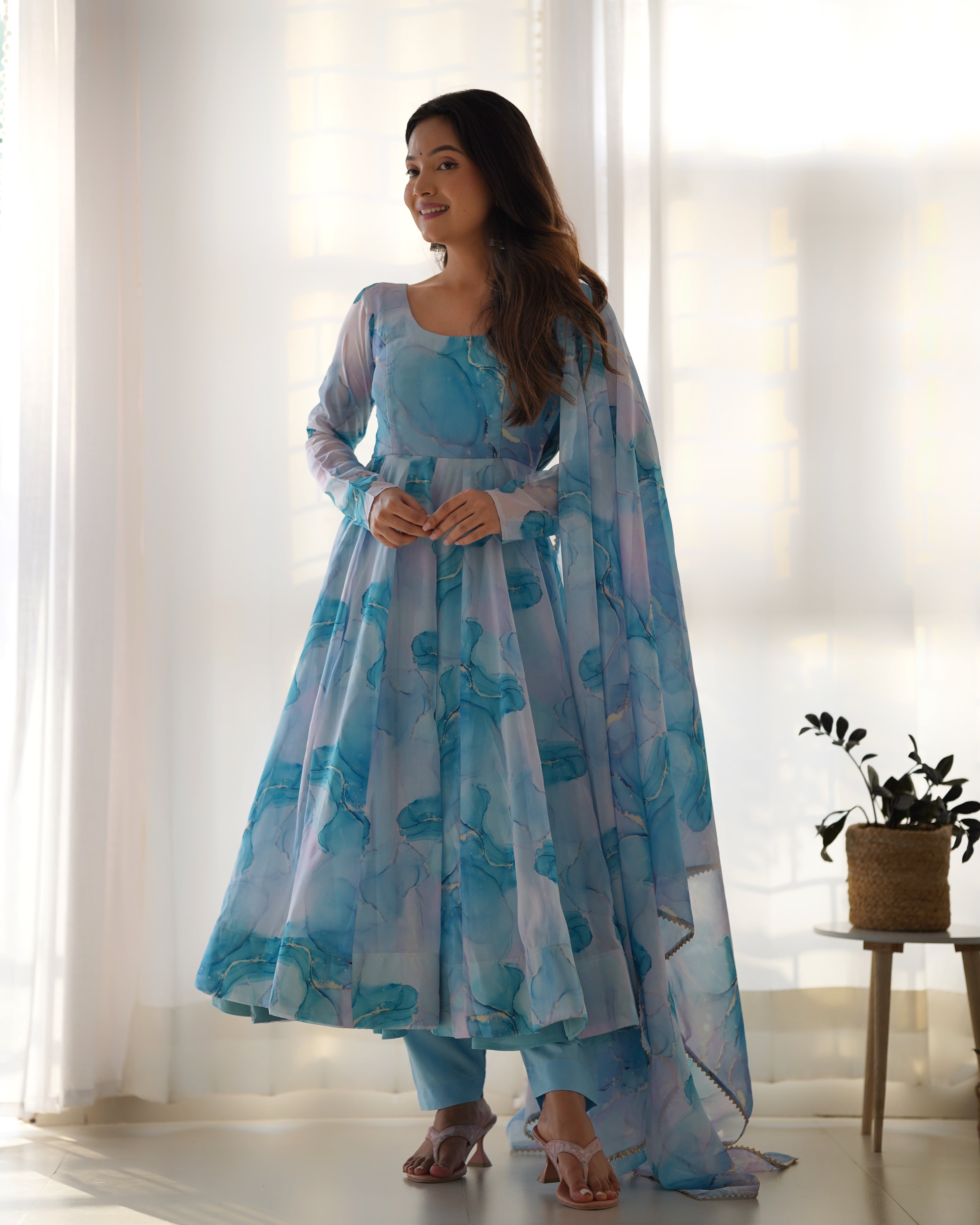 Party Wear Beautiful Anarkali Gown, Pent And Dupatta