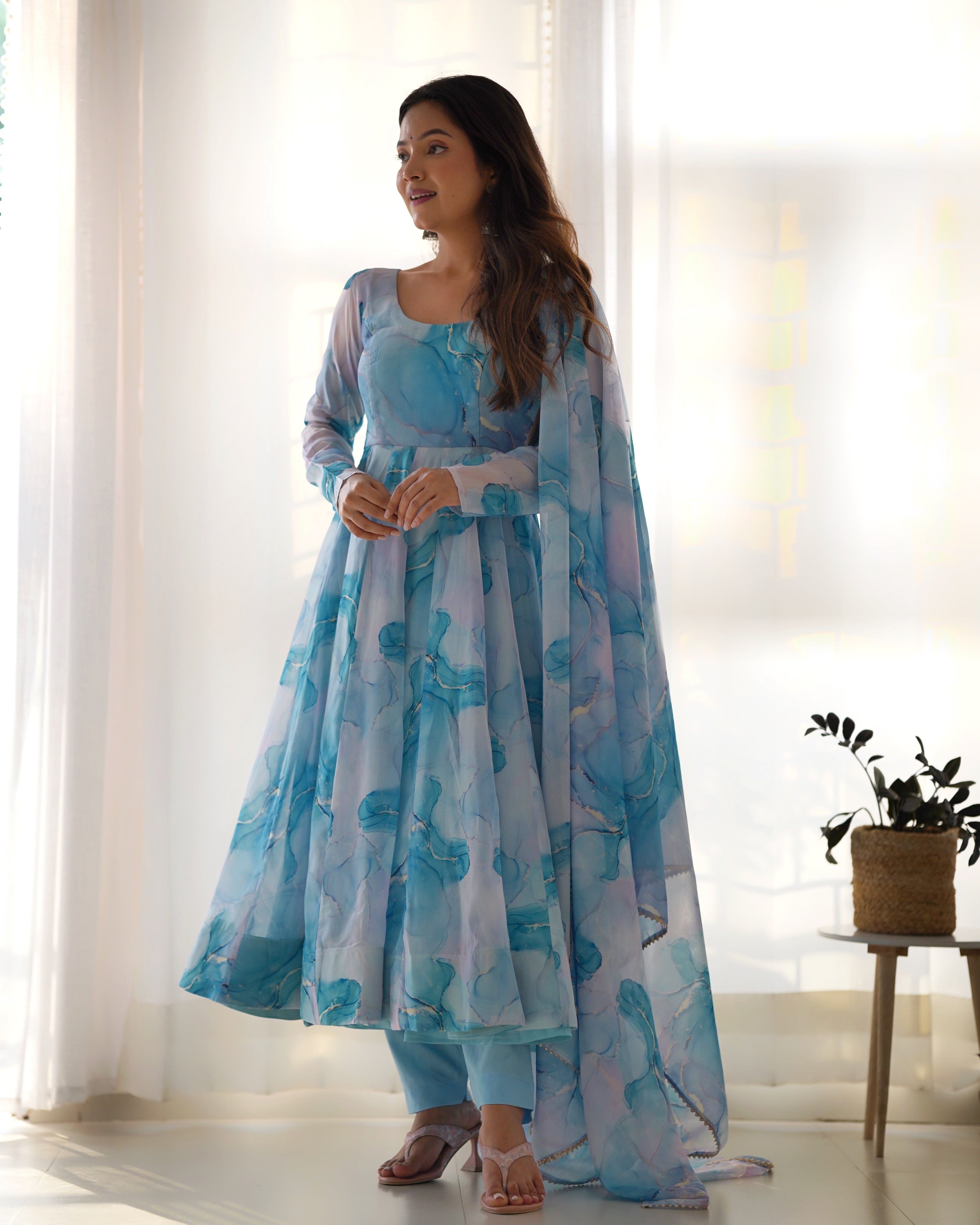 Party Wear Beautiful Anarkali Gown, Pent And Dupatta
