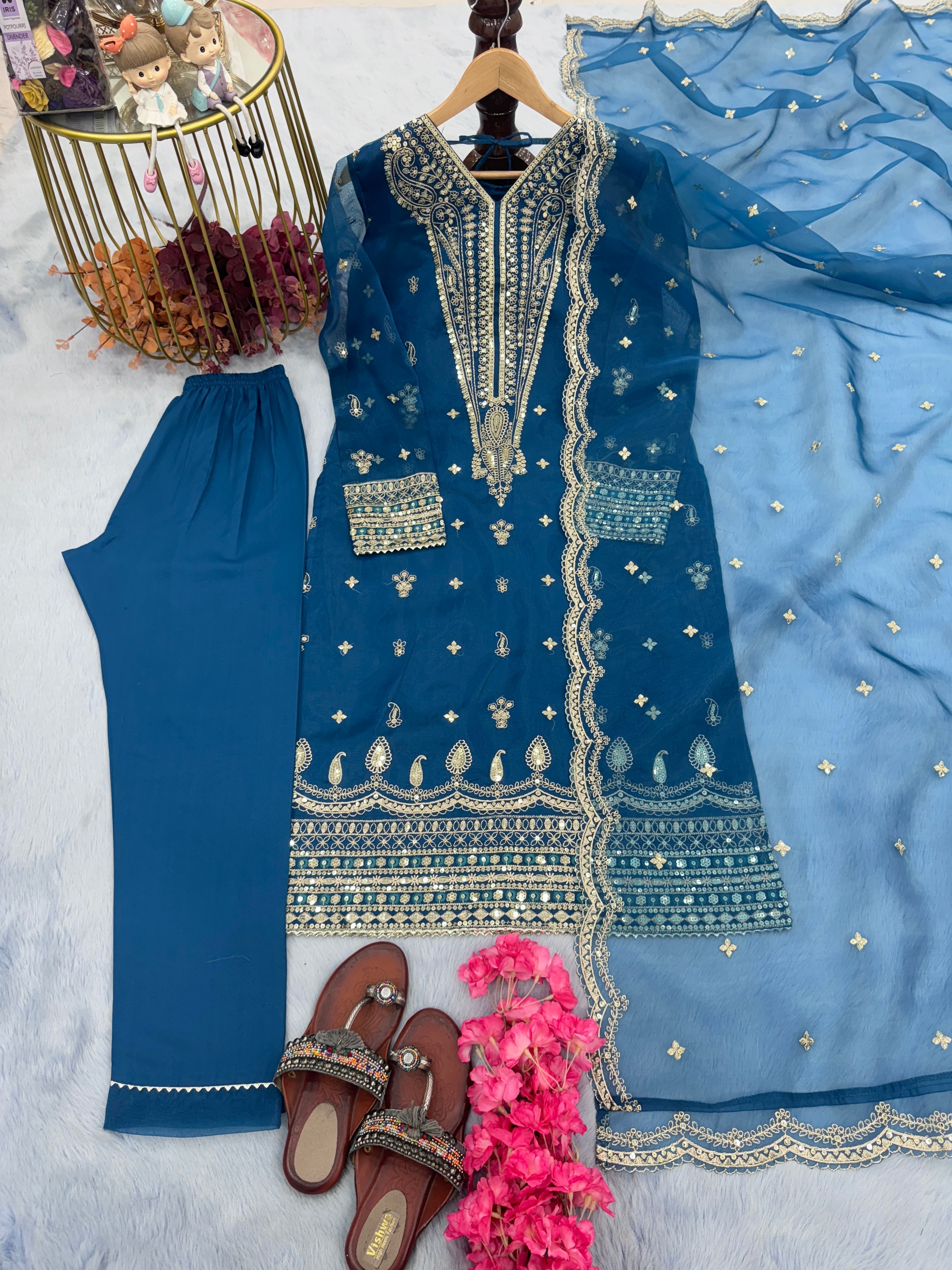 Beautiful Party Wear Look Heavy Organza Silk Top Bottom & Dupatta Set
