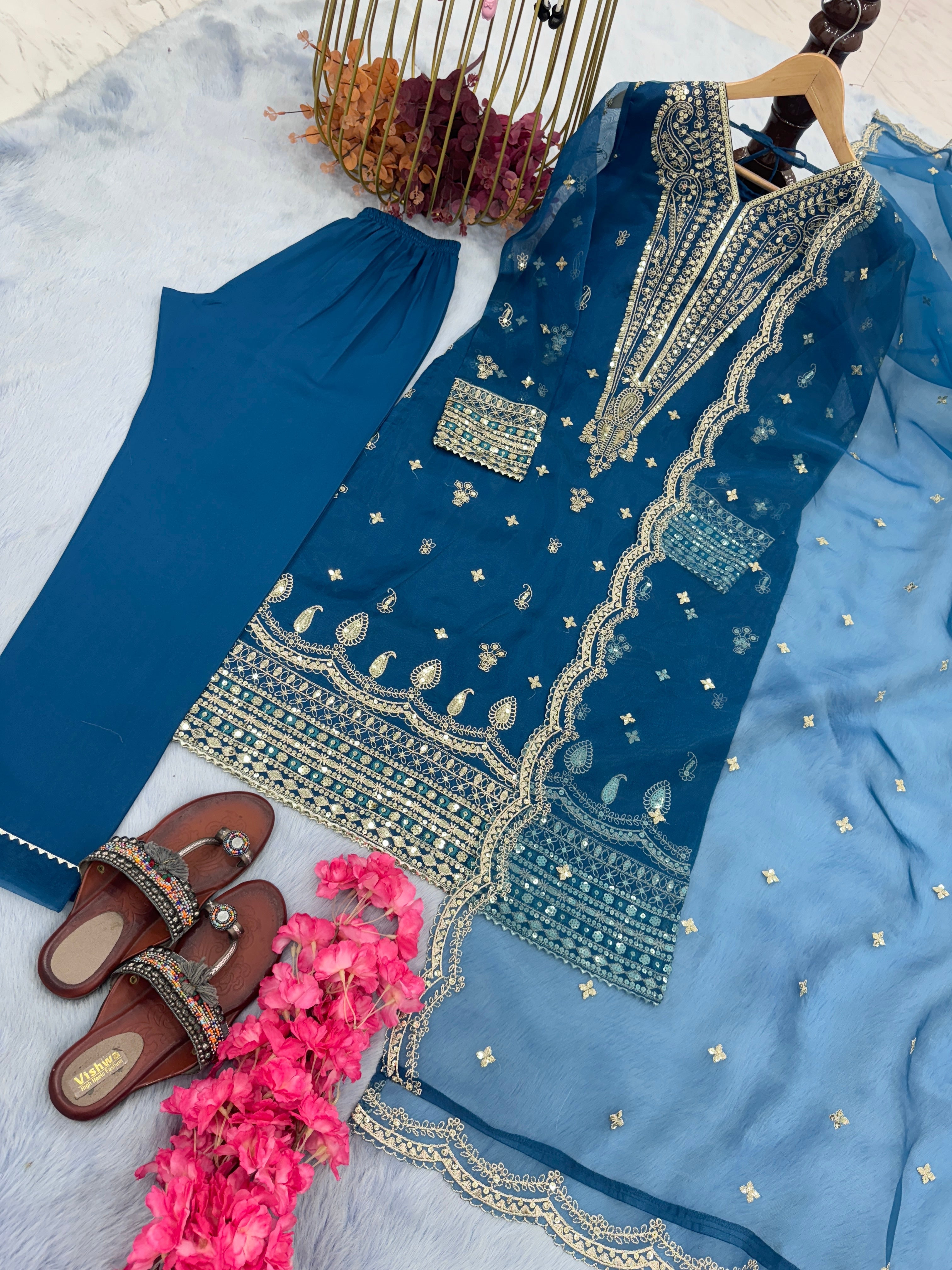 Beautiful Party Wear Look Heavy Organza Silk Top Bottom & Dupatta Set