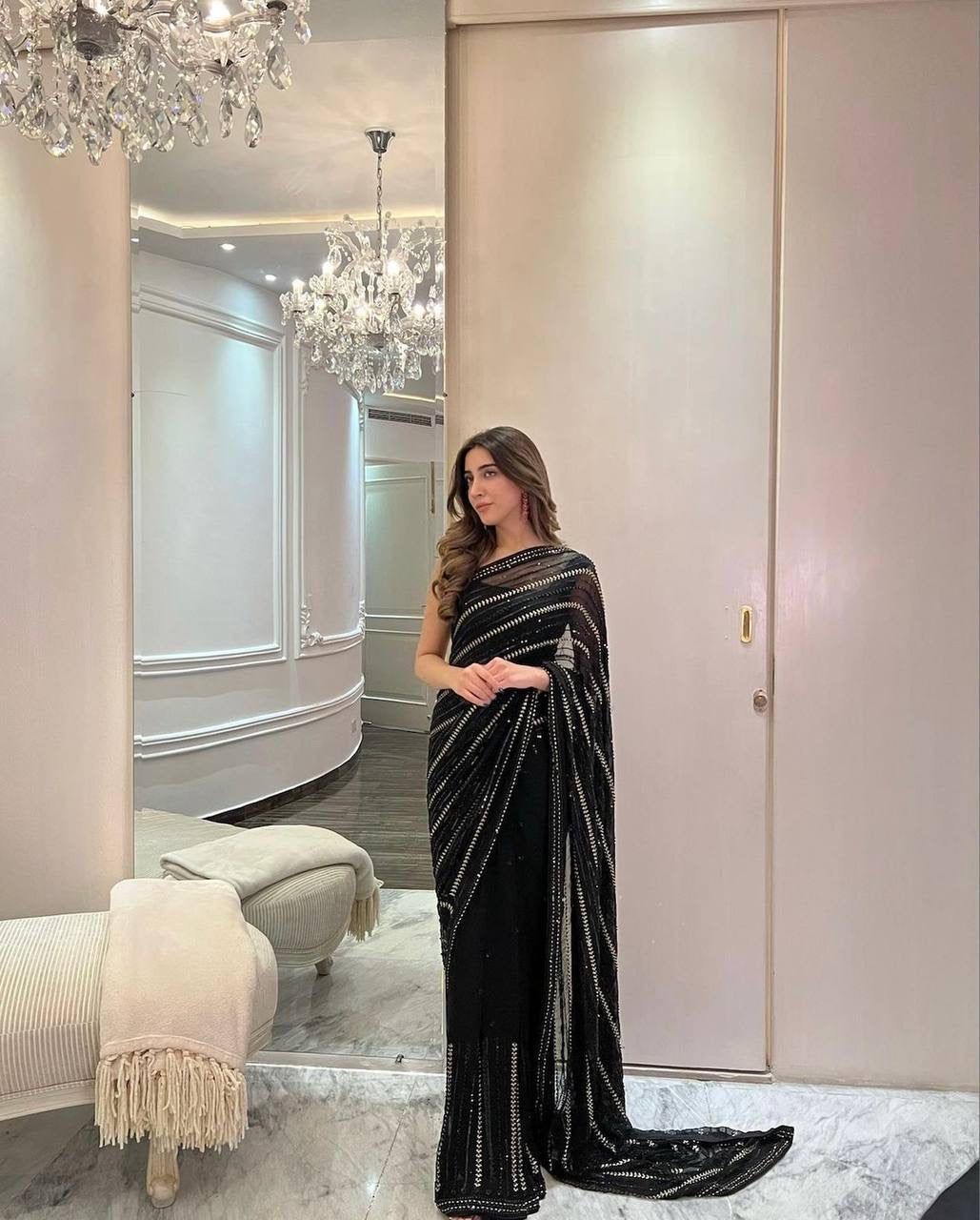 Designer Party Wear Saree With Sequence & Zari Work