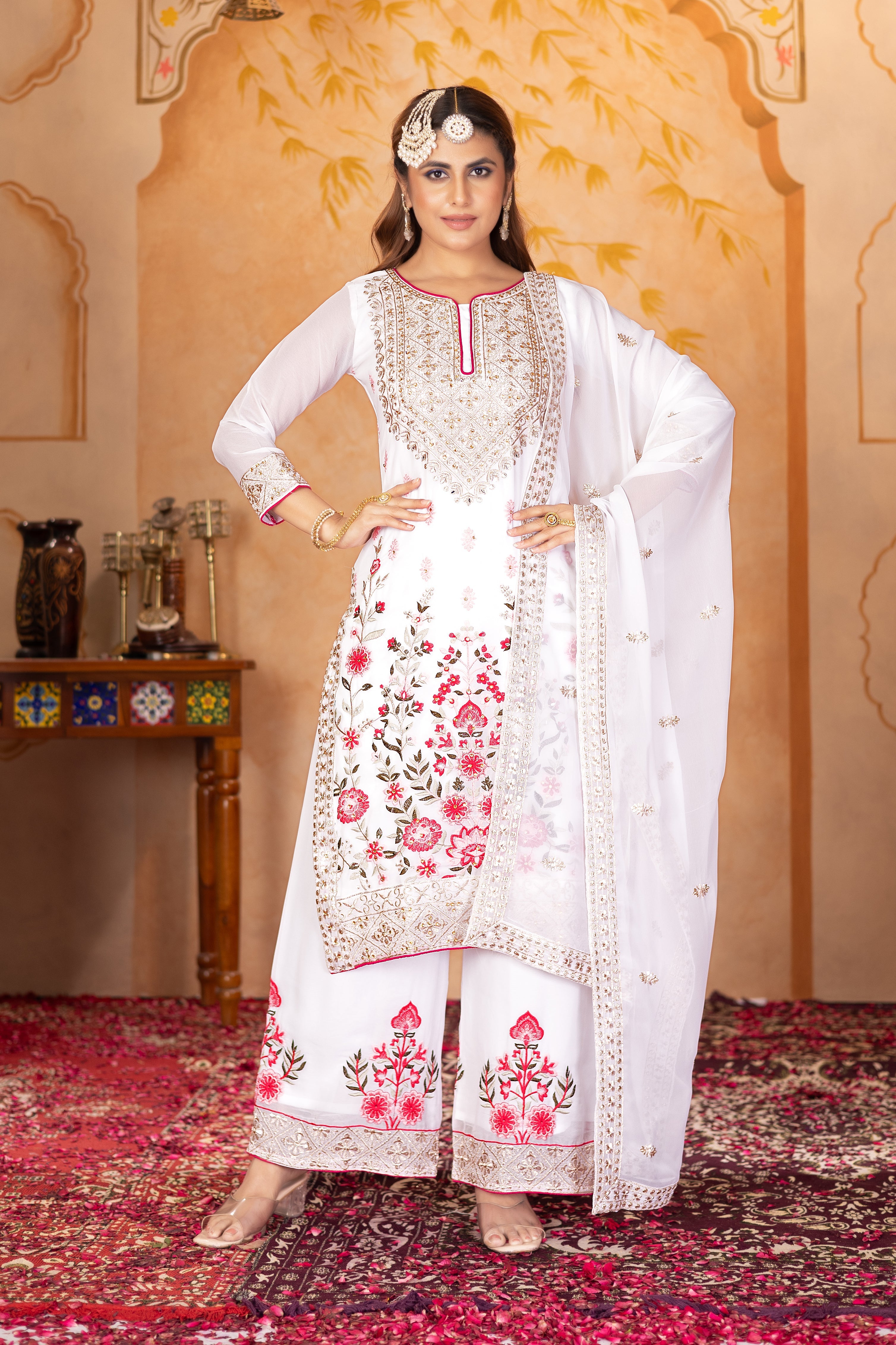Designer Party Wear Top Plazzo And Dupatta With Real Mirror Hand Work