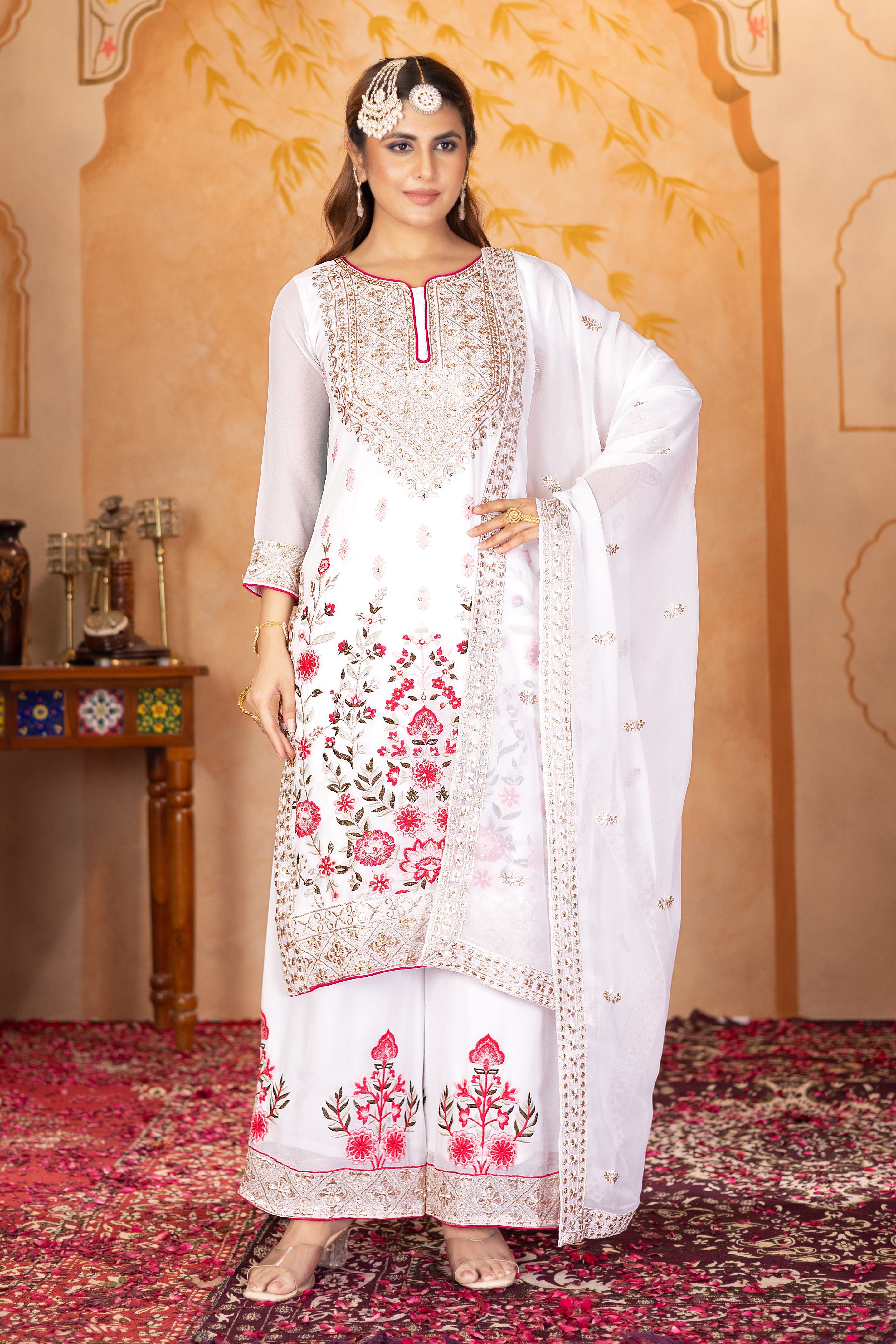 Designer Party Wear Top Plazzo And Dupatta With Real Mirror Hand Work