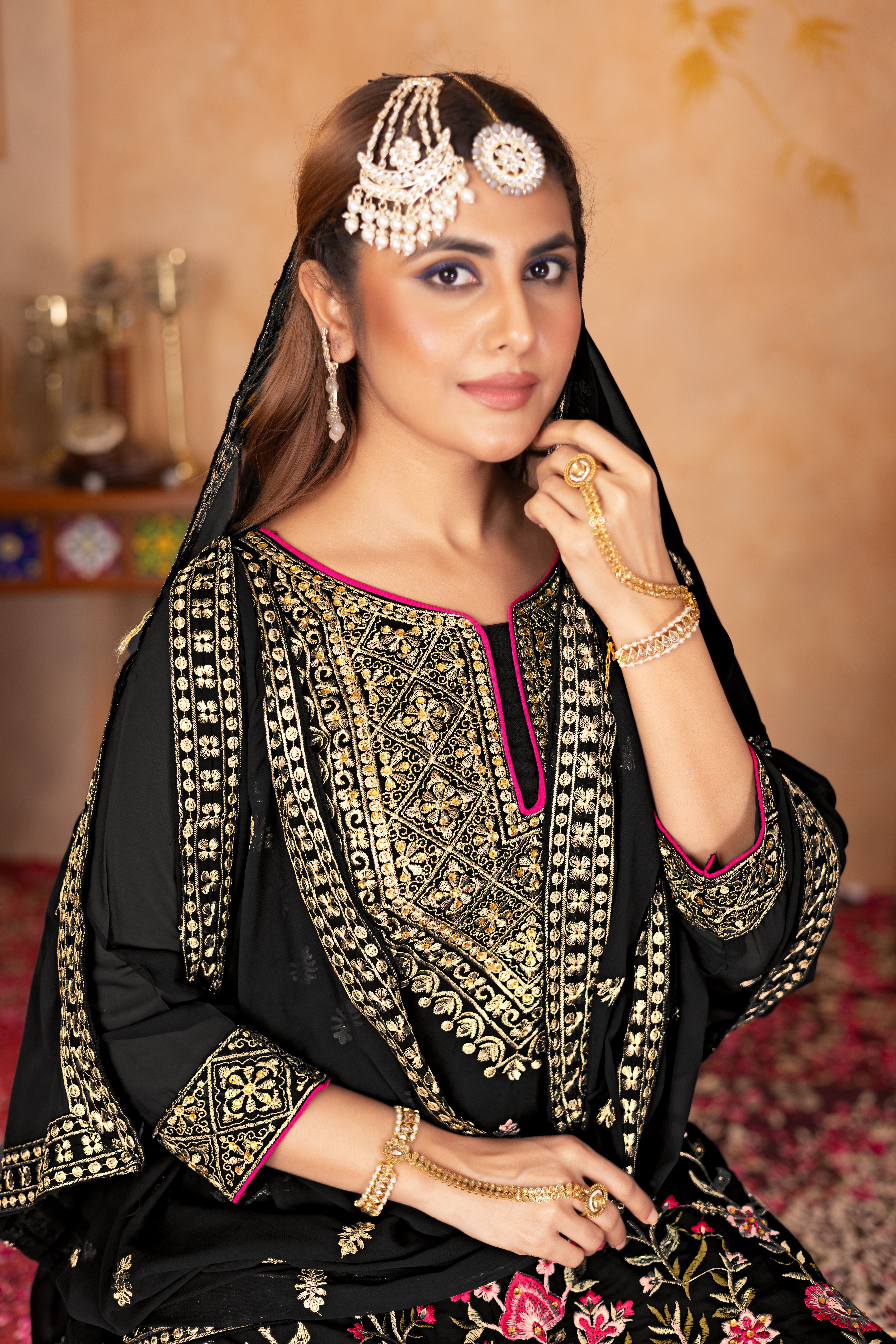 Designer Party Wear Top Plazzo And Dupatta With Real Mirror Hand Work