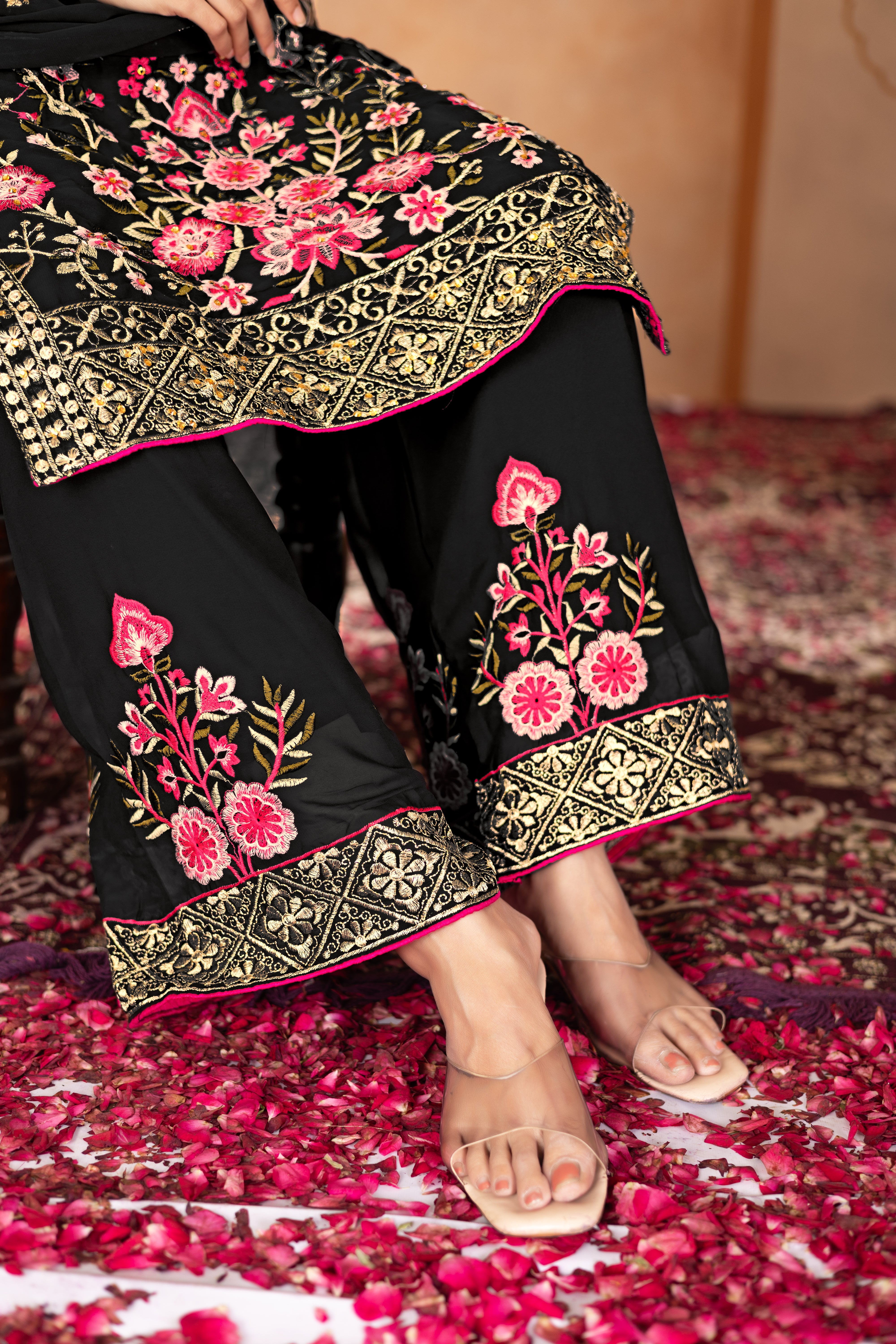 Designer Party Wear Top Plazzo And Dupatta With Real Mirror Hand Work