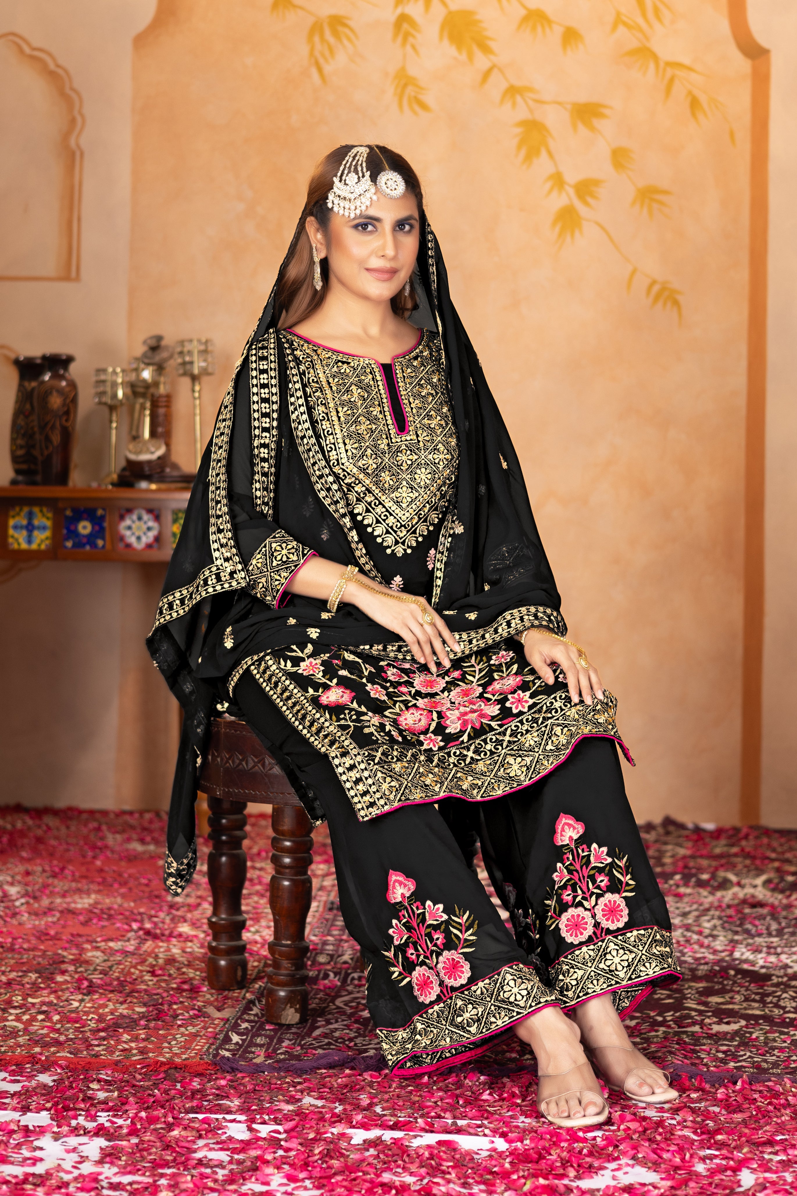 Designer Party Wear Top Plazzo And Dupatta With Real Mirror Hand Work
