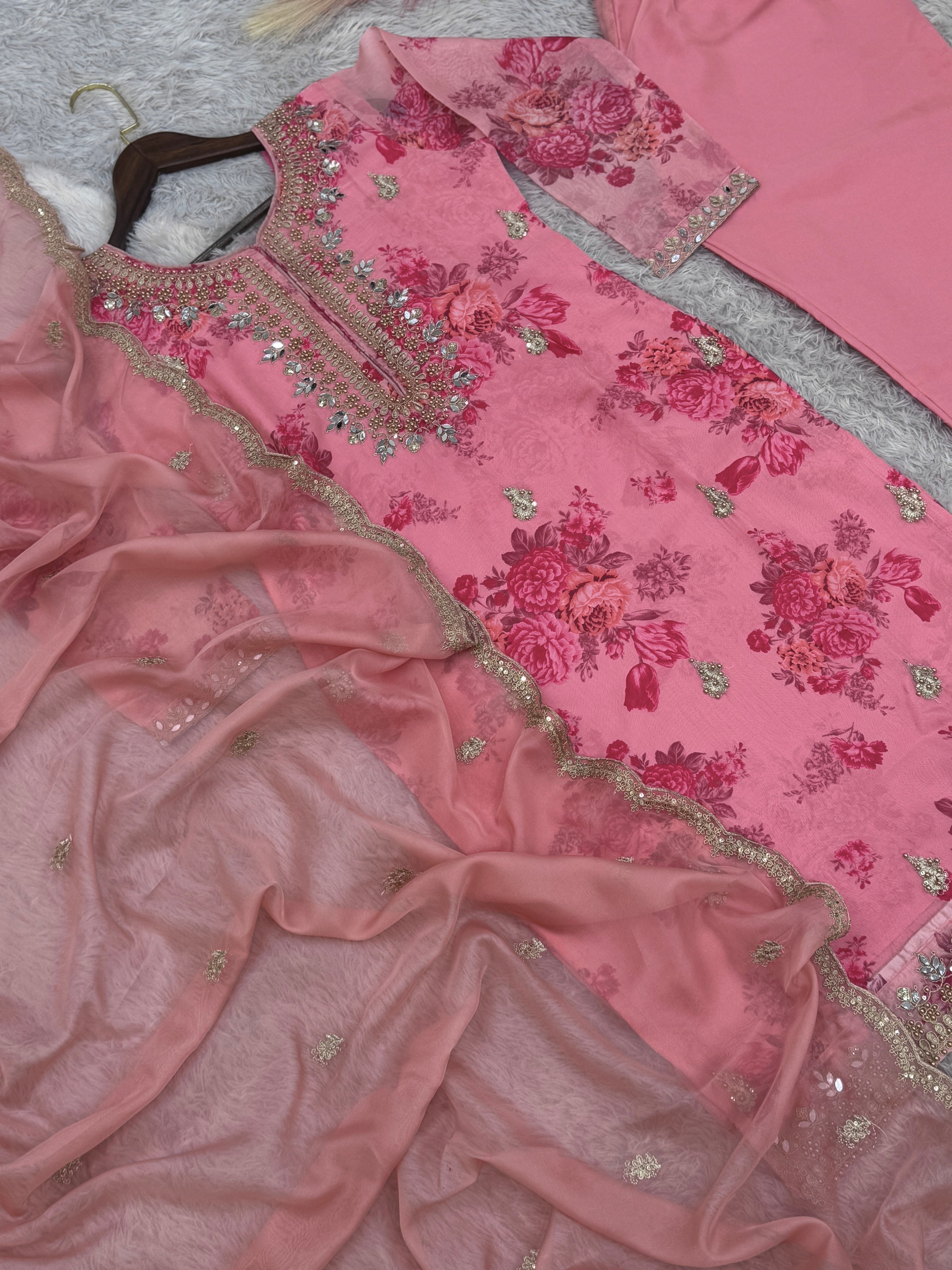 Fancy Top-Bottom And Dupatta With Embroidery Coding Dori-Sequence Work