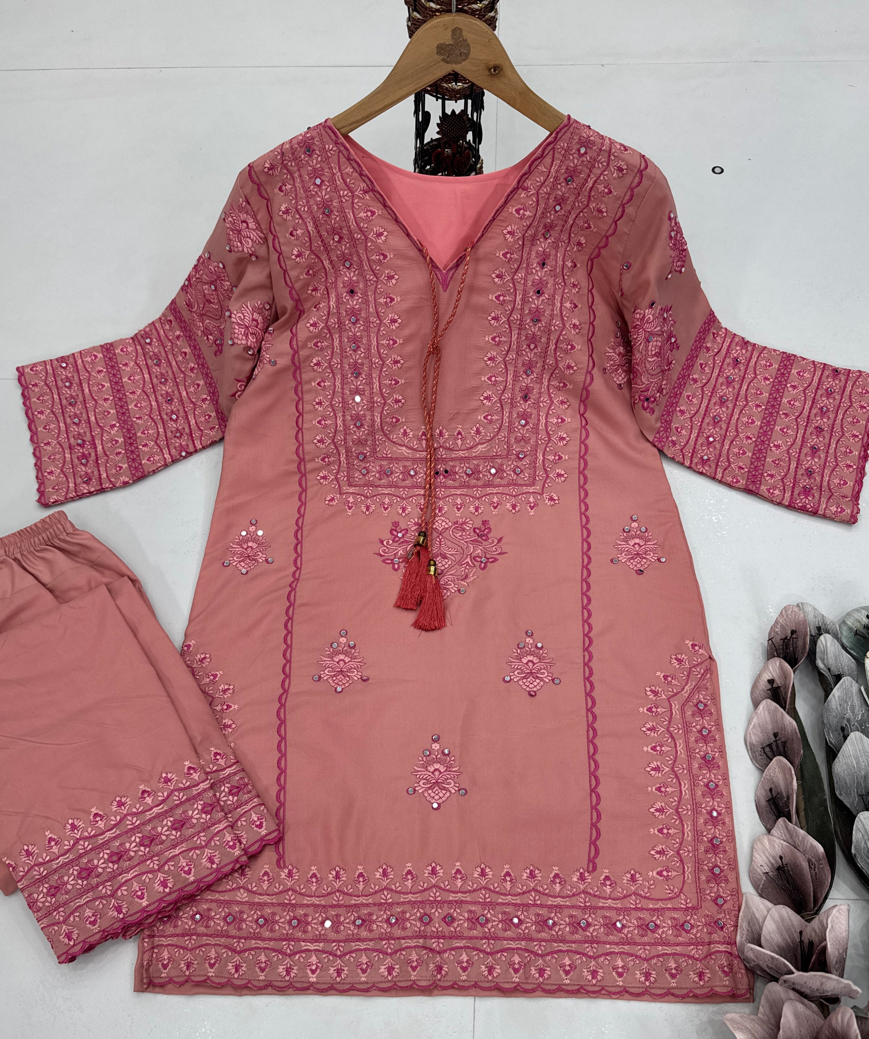 Party Wear Designer Top Bottom With Real Mirror Hand Work