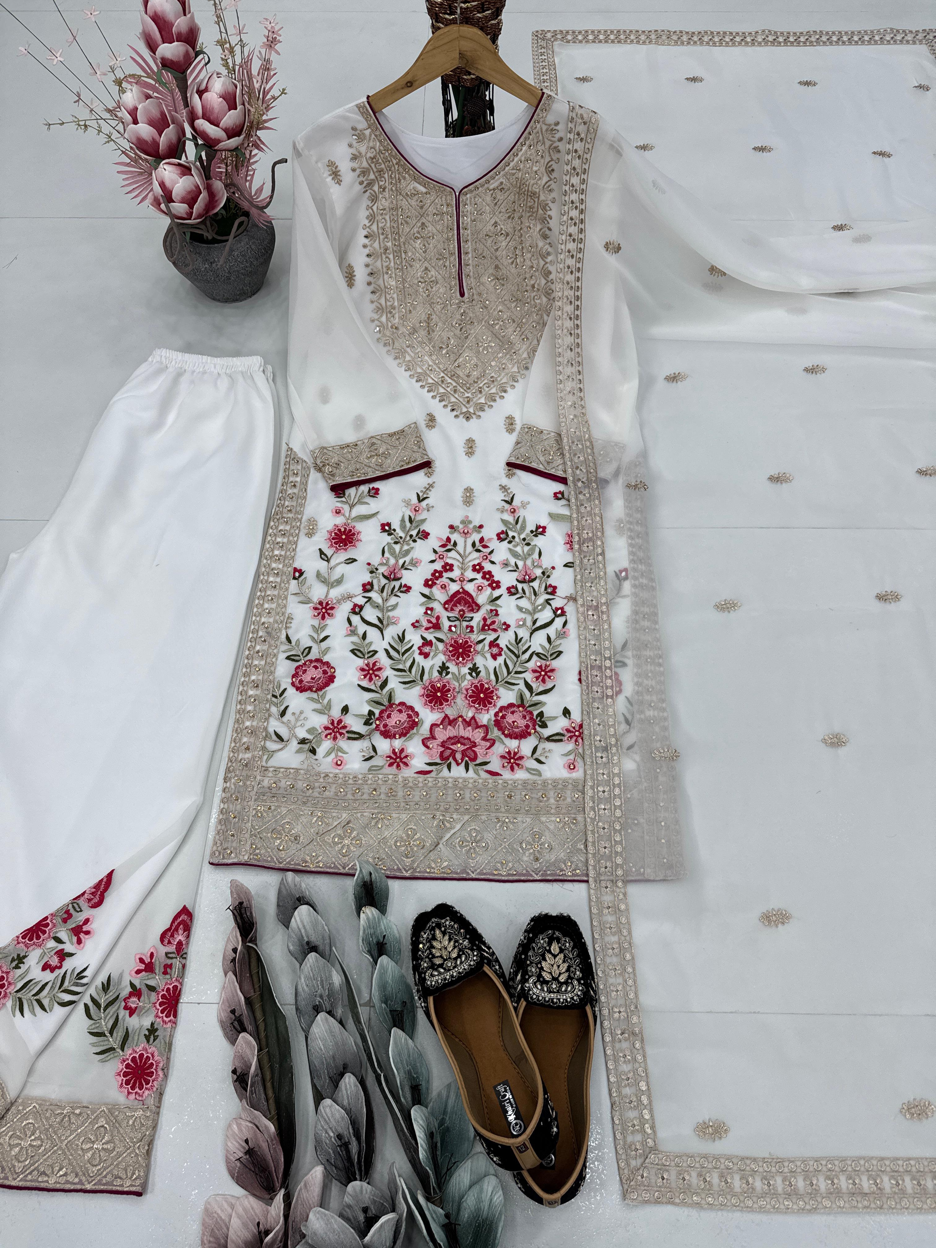 Designer Party Wear Top Plazzo And Dupatta With Real Mirror Hand Work