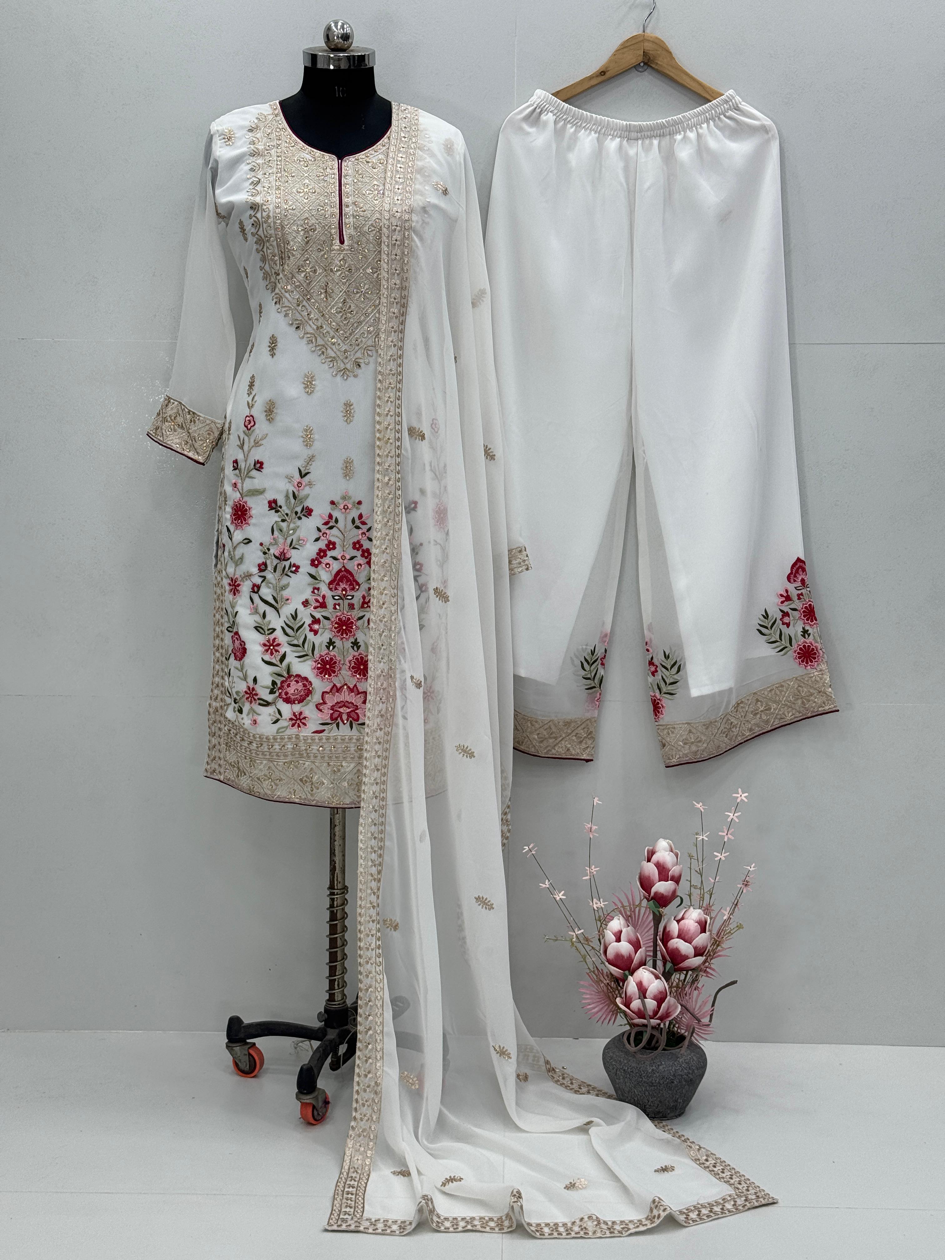 Designer Party Wear Top Plazzo And Dupatta With Real Mirror Hand Work