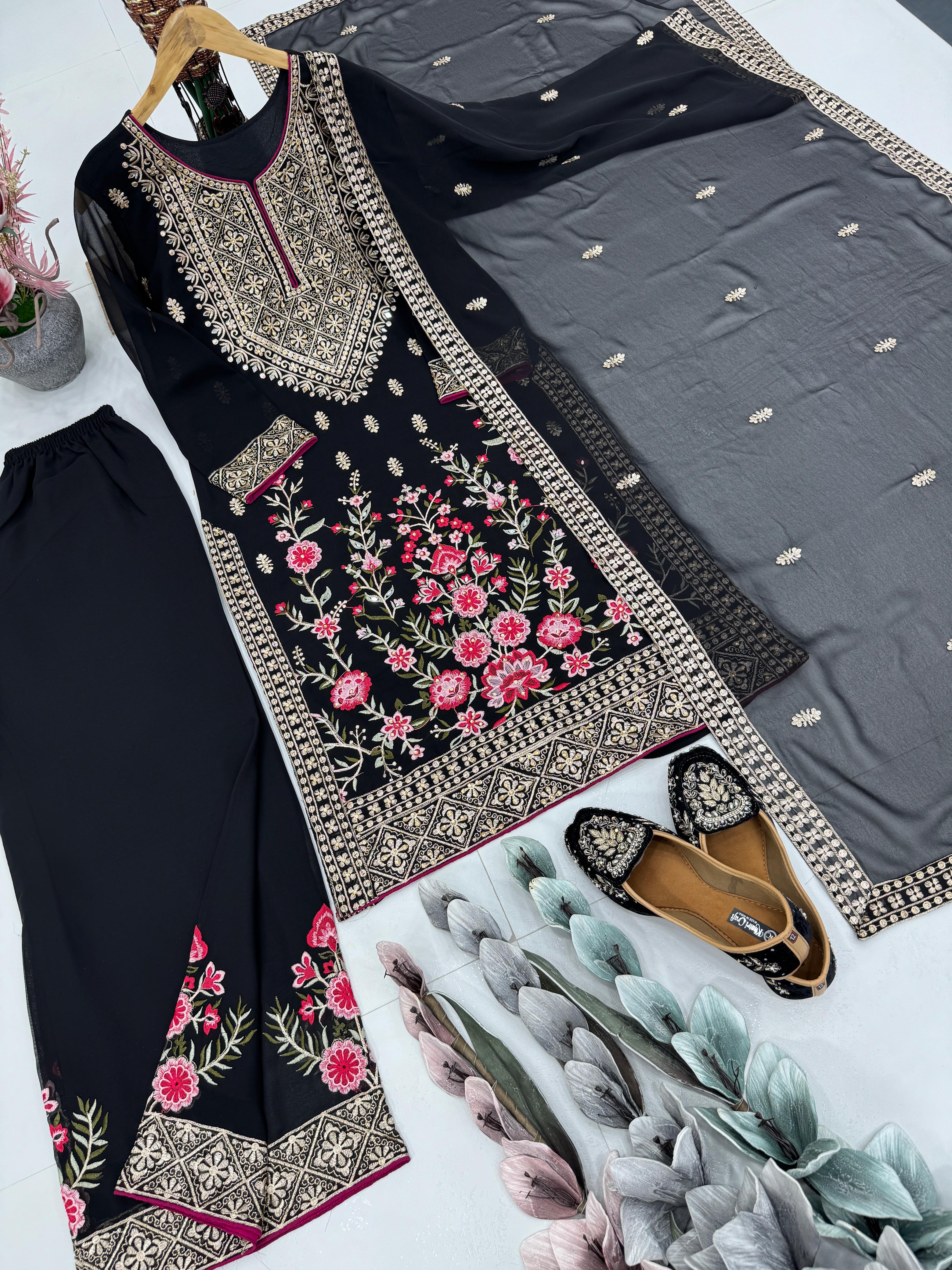 Designer Party Wear Top Plazzo And Dupatta With Real Mirror Hand Work
