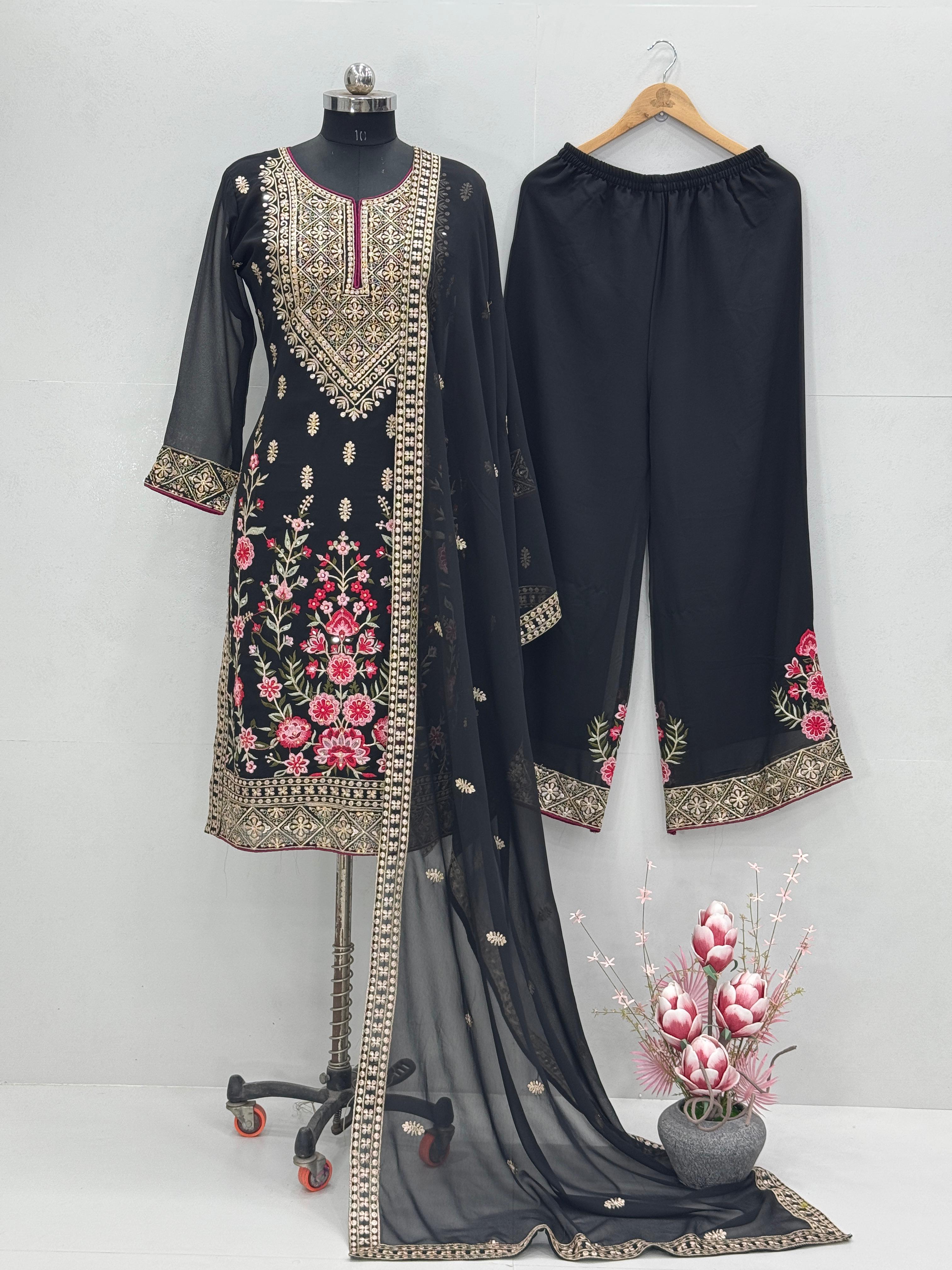 Designer Party Wear Top Plazzo And Dupatta With Real Mirror Hand Work