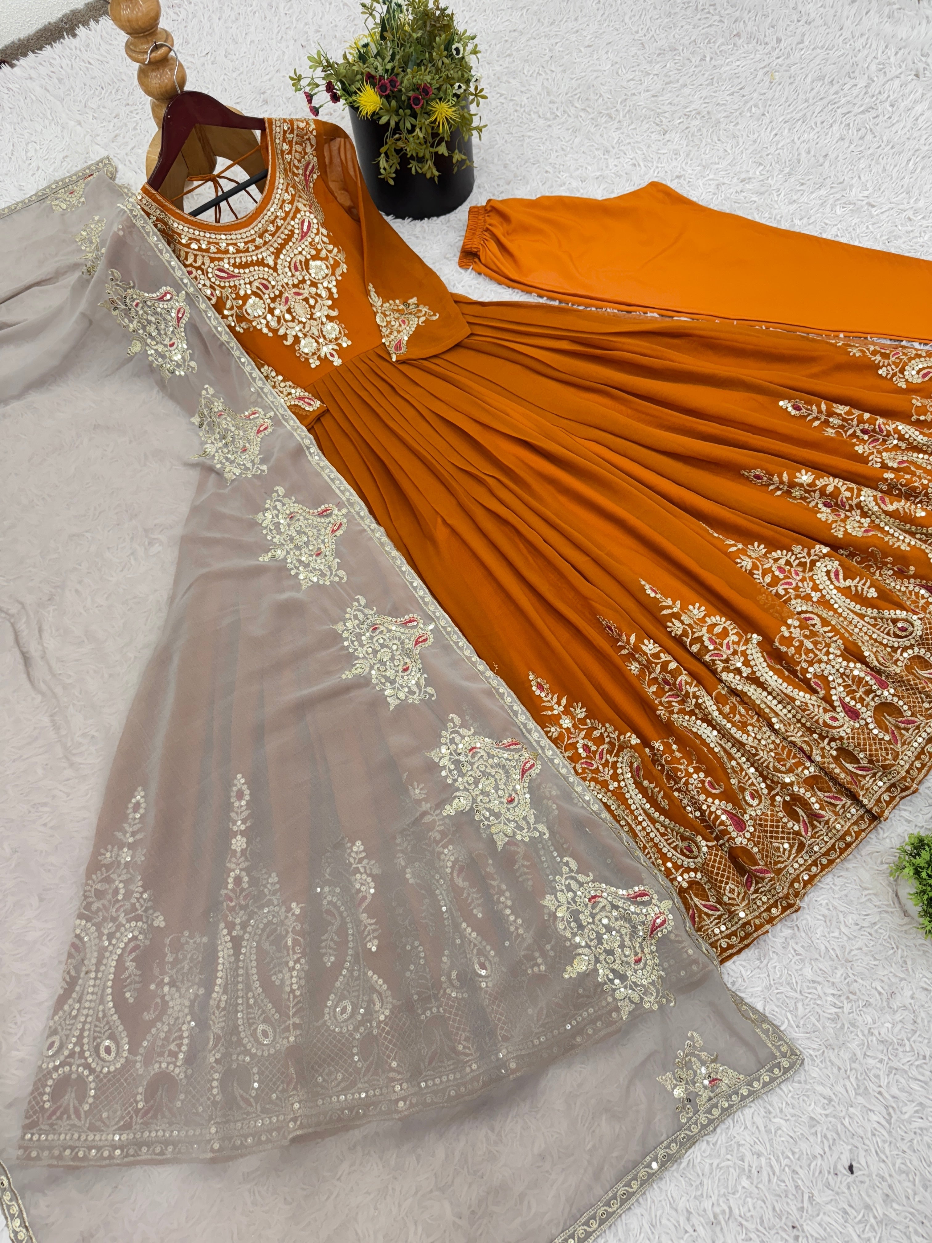 Designer Party Wear Gown-Dupatta in Heavy Multi Thread Embroidery Sequence Work
