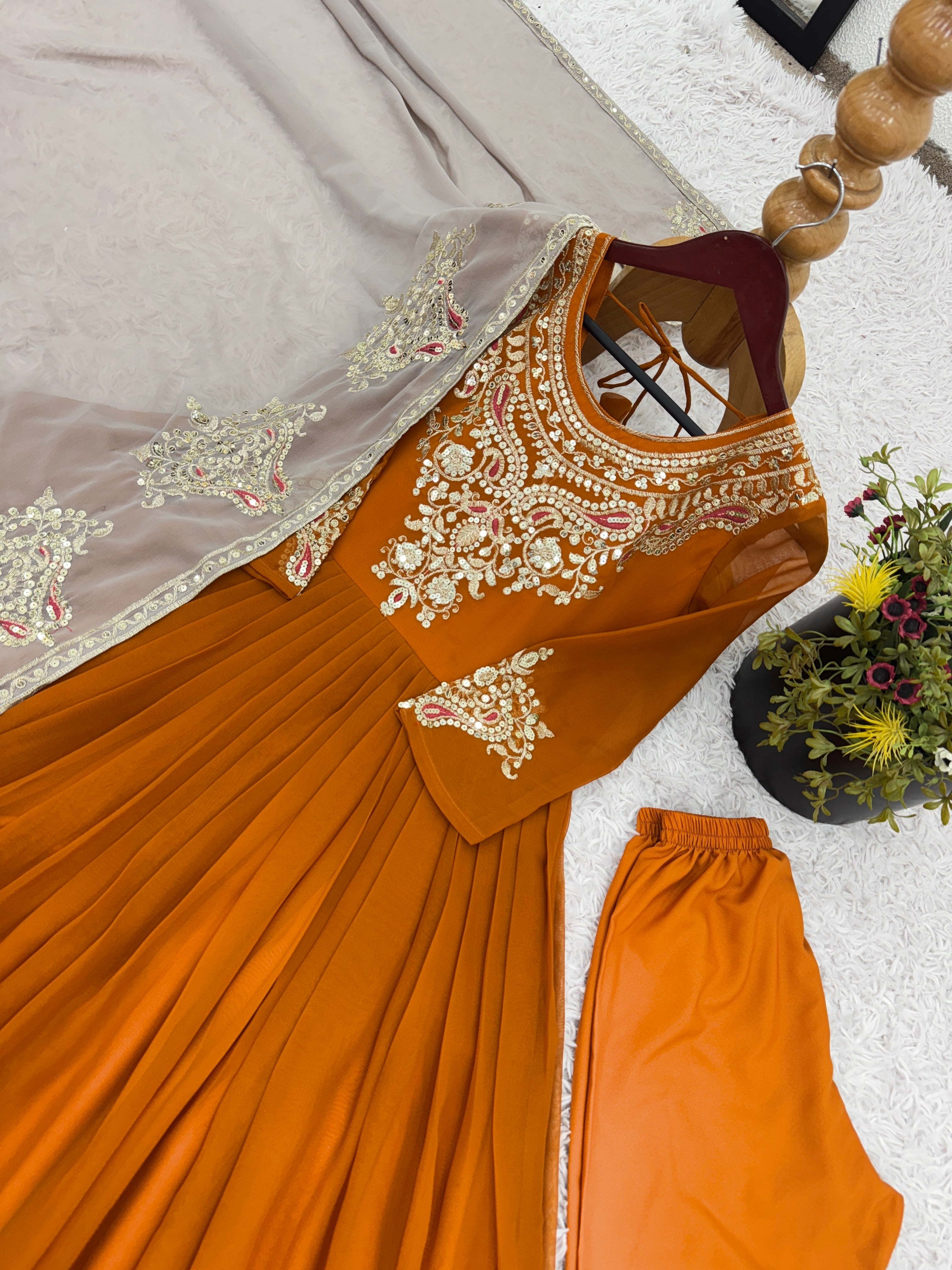 Designer Party Wear Gown-Dupatta in Heavy Multi Thread Embroidery Sequence Work