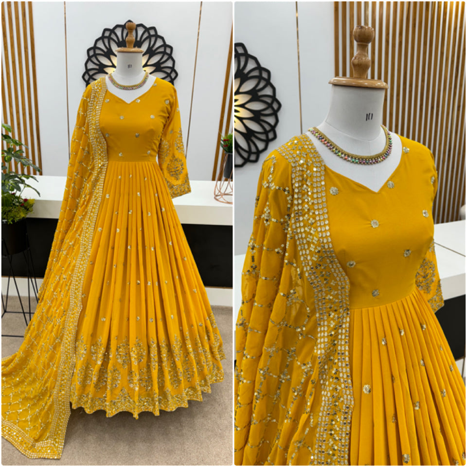 Designer Party Wear Look Full Heavy Embroidery Sequence Work Gown With Fully Stitched And Dupatta