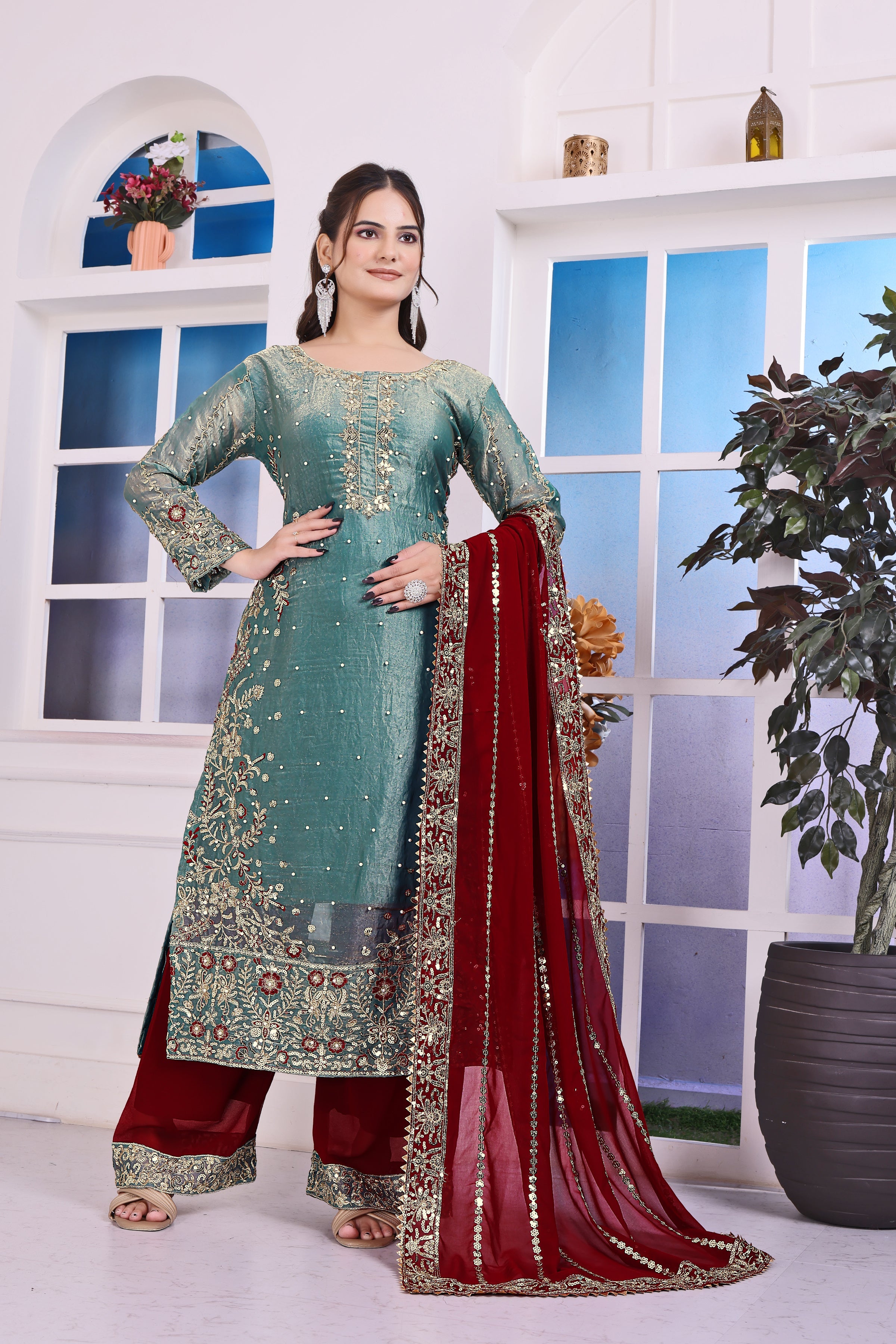 Party Wear Beautiful Top-Plazzo And Fancy Dupatta