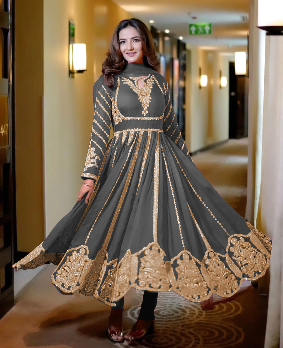 Beautiful Gown With And Dupatta With Embroidery Sequence Work