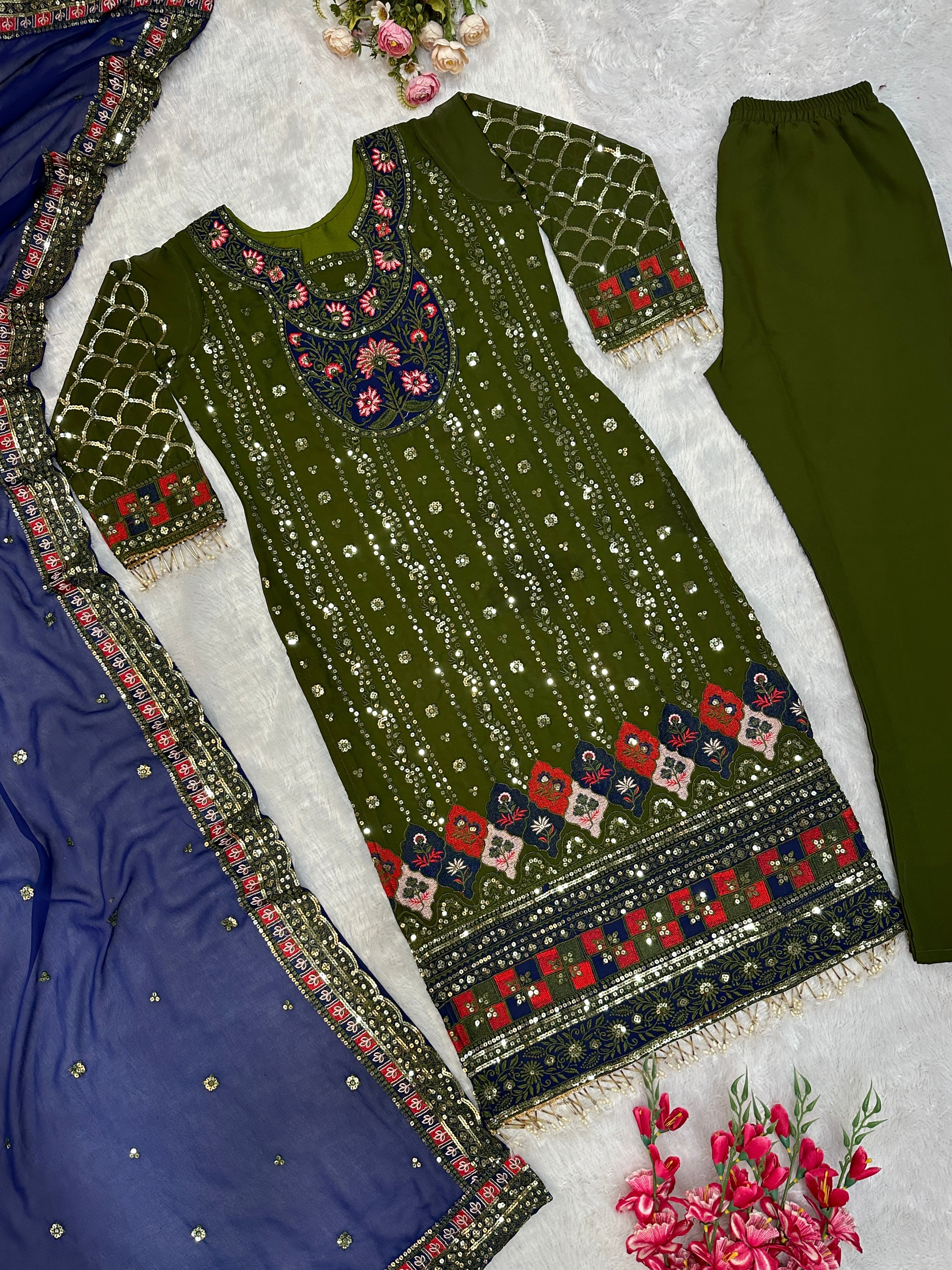 Party Wear Designer Top Pent And Dupatta With Moti Work