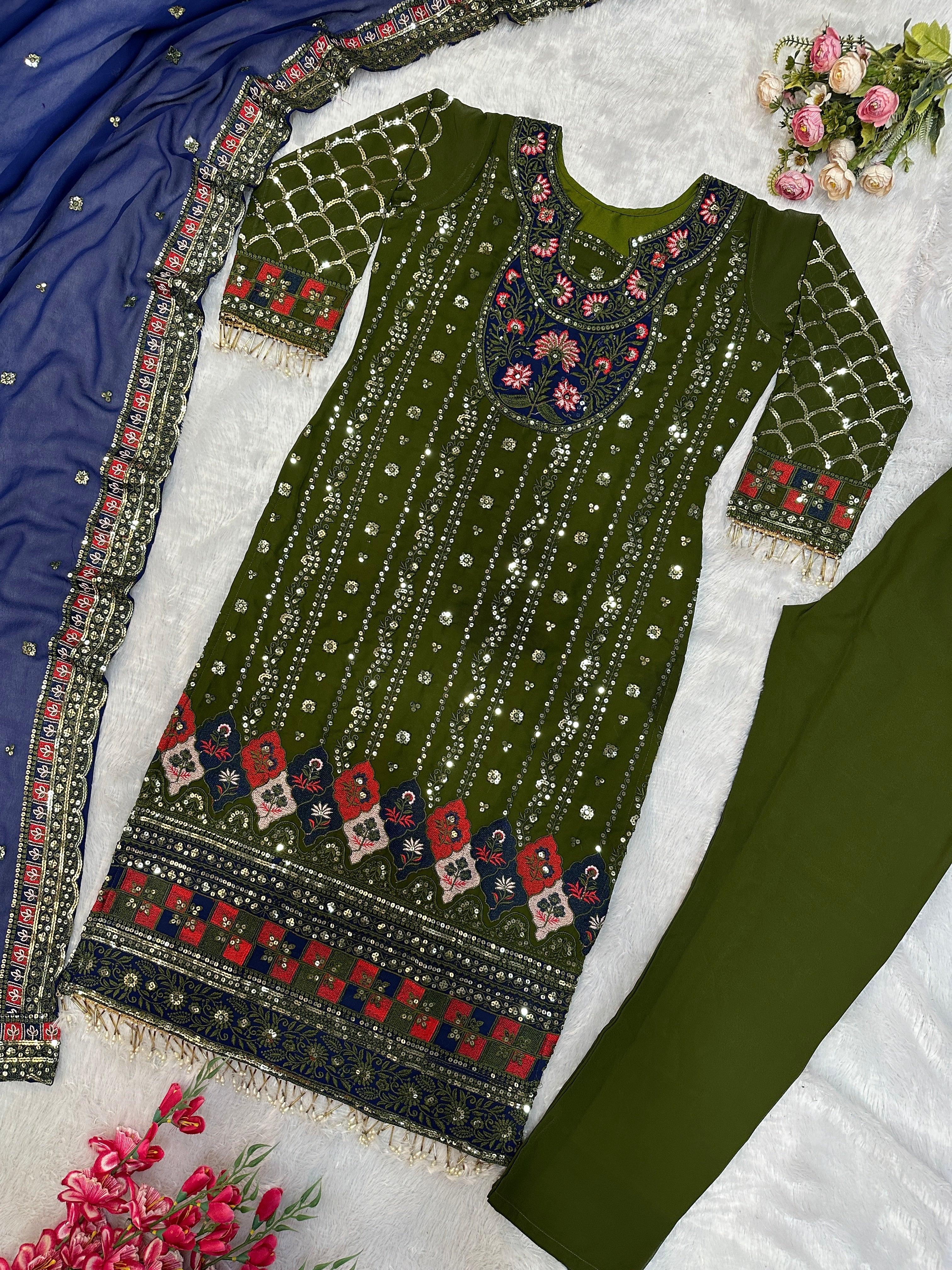 Party Wear Designer Top Pent And Dupatta With Moti Work