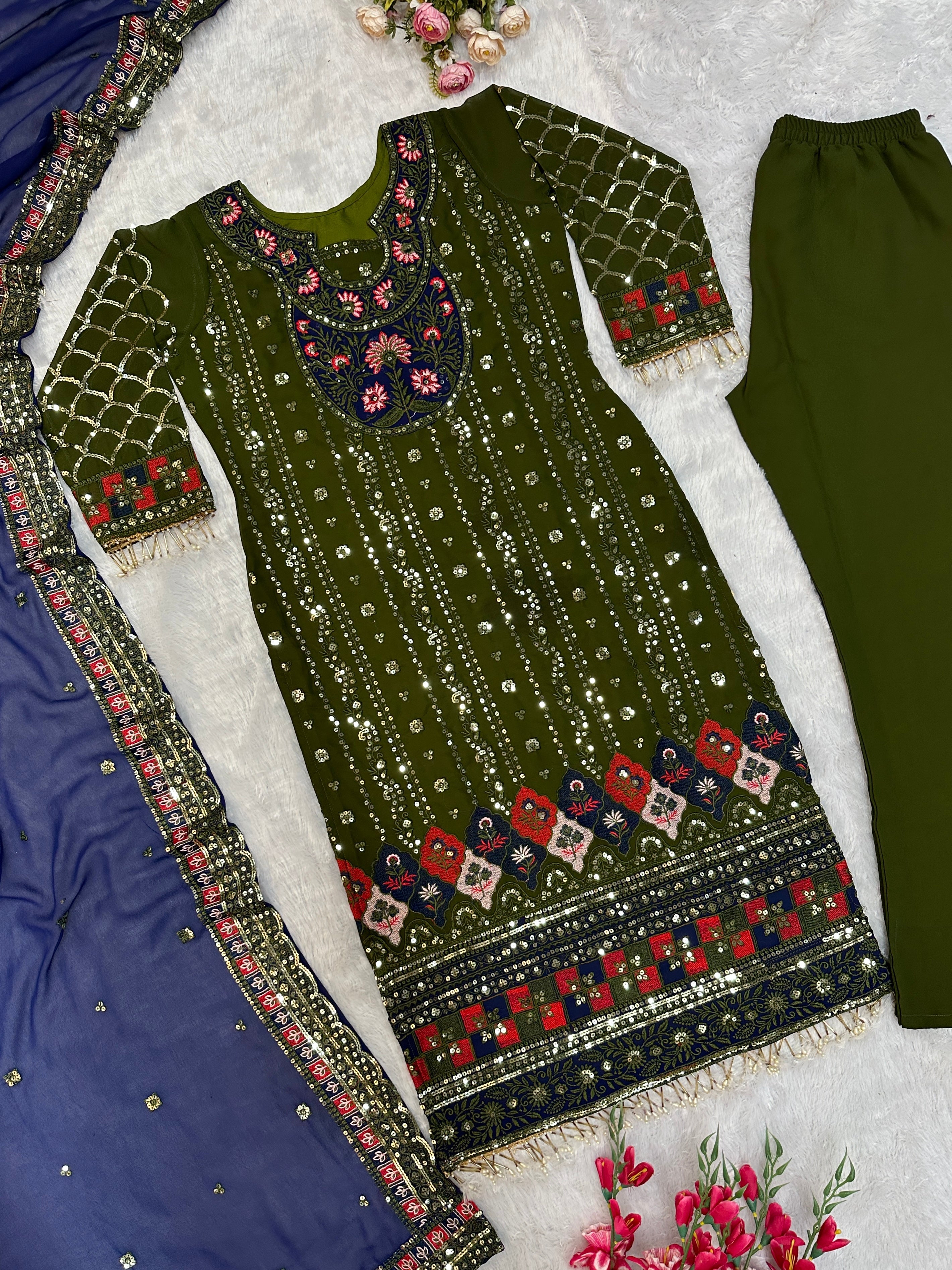 Party Wear Designer Top Pent And Dupatta With Moti Work