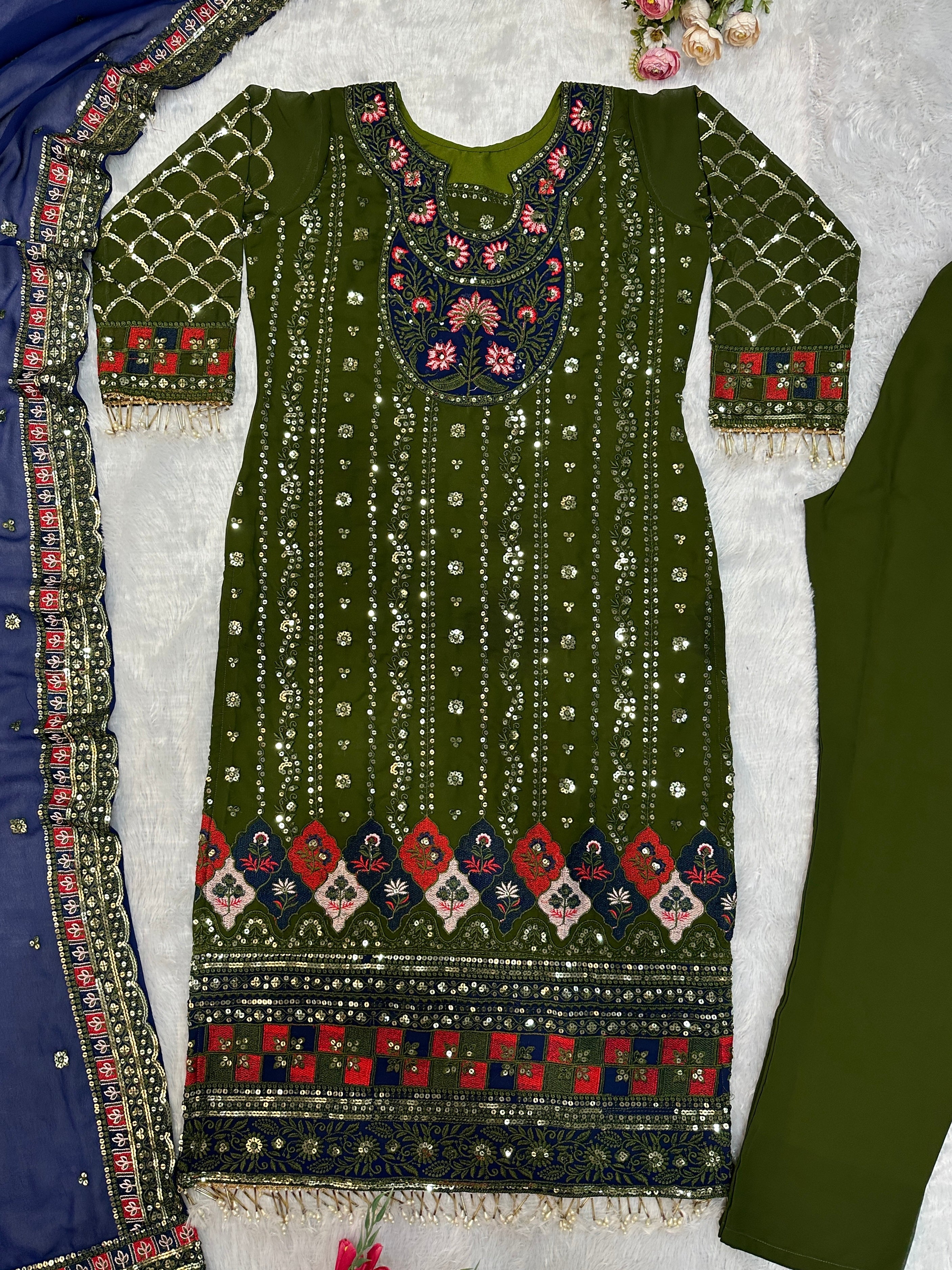 Party Wear Designer Top Pent And Dupatta With Moti Work