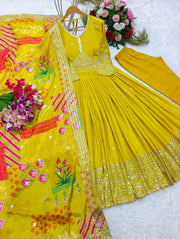 Designer Party Wear Gown With Pent And Dupatta Set