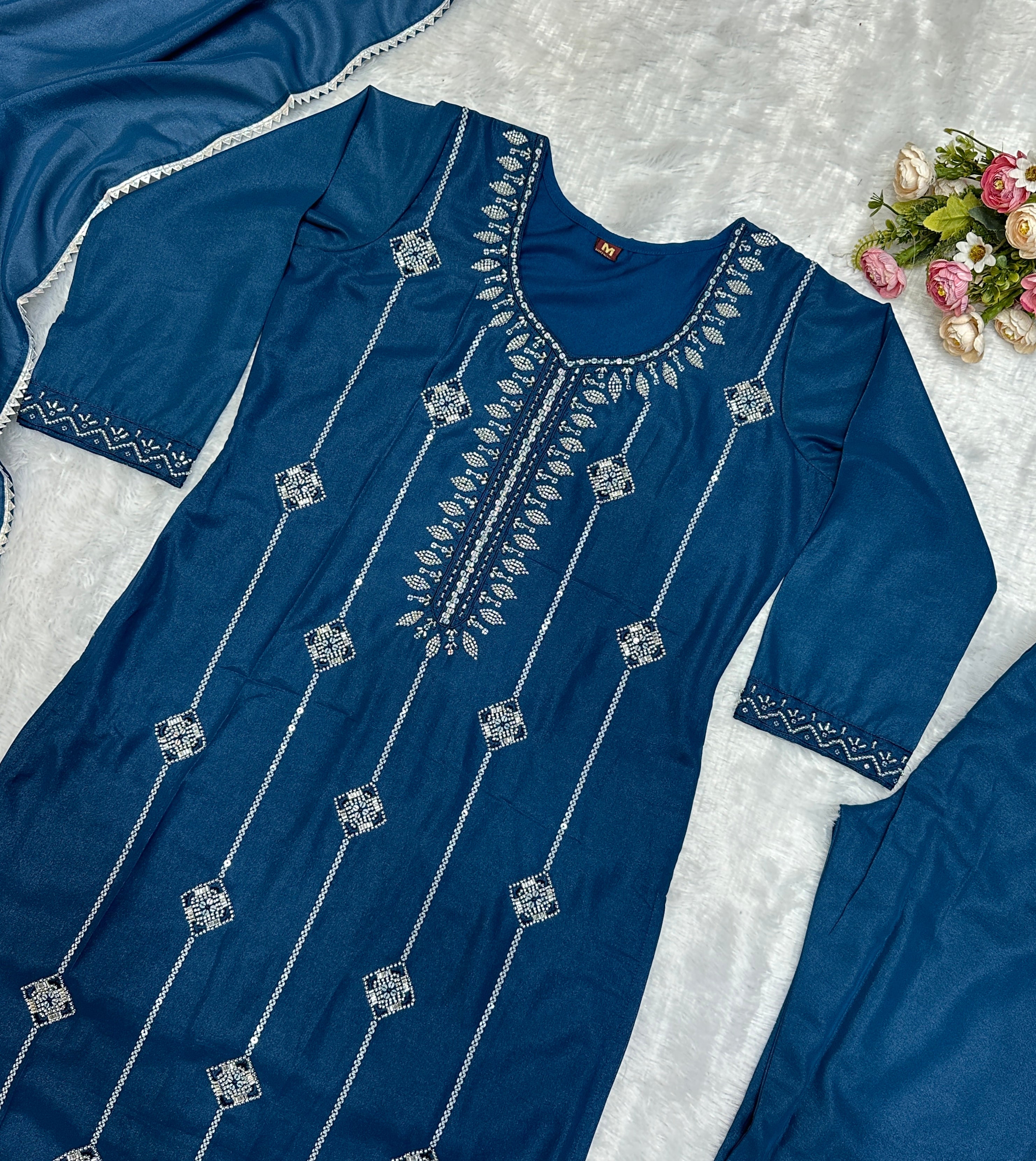 Designer Party Wear Top Pent And Dupatta With Embroidery Moti Work