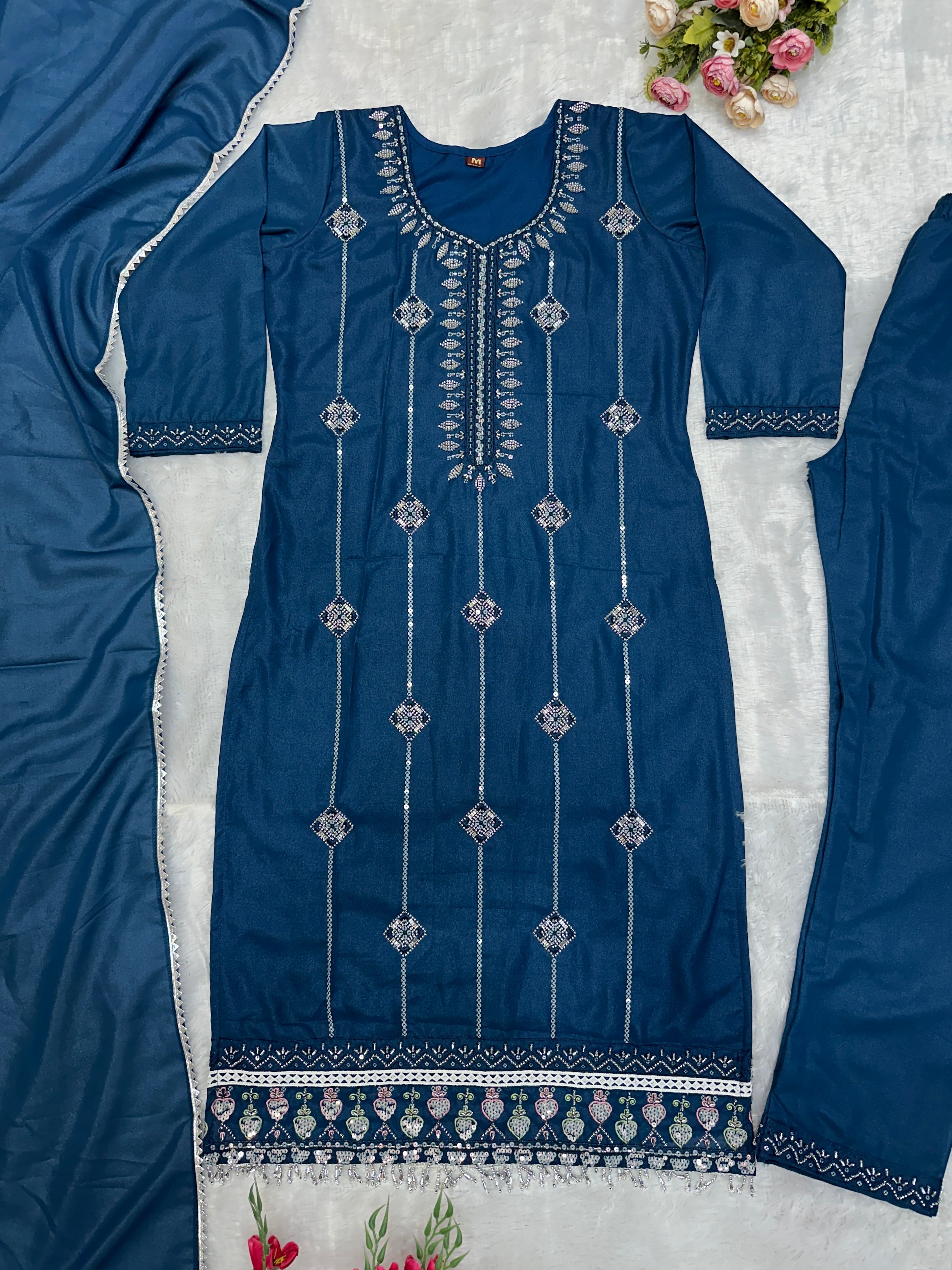 Designer Party Wear Top Pent And Dupatta With Embroidery Moti Work