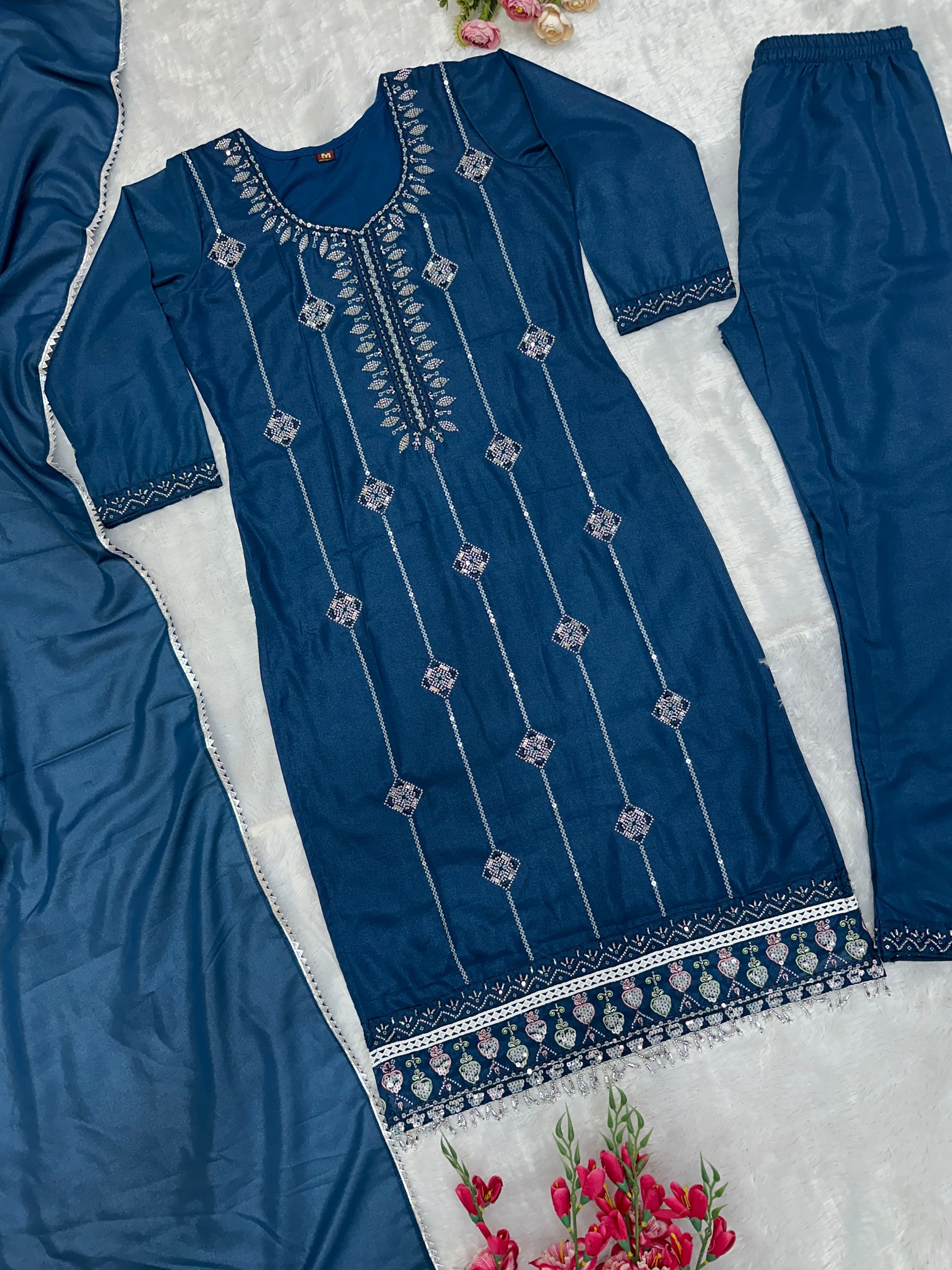 Designer Party Wear Top Pent And Dupatta With Embroidery Moti Work