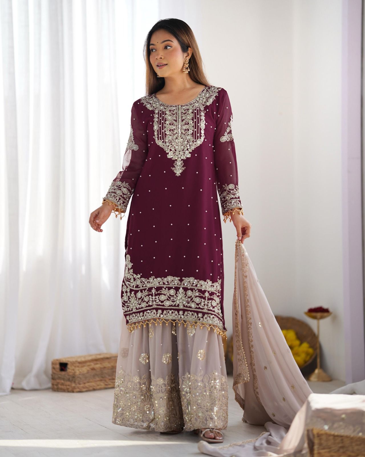 Top-Bottom And Dupatta With Heavy Embroidery Coding Dori-Sequence Work