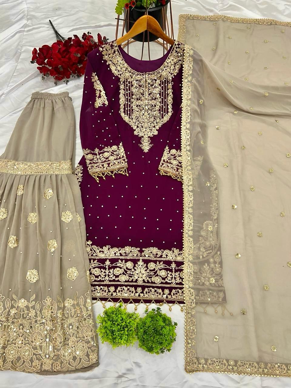 Top-Bottom And Dupatta With Heavy Embroidery Coding Dori-Sequence Work