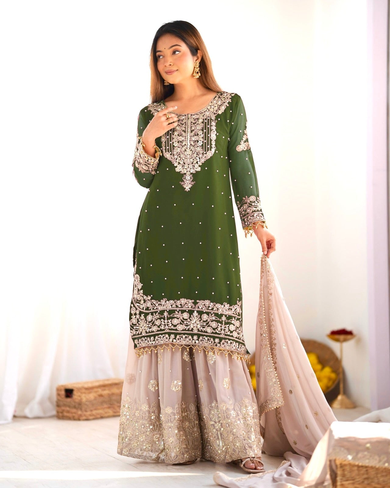 Top-Bottom And Dupatta With Heavy Embroidery Coding Dori-Sequence Work