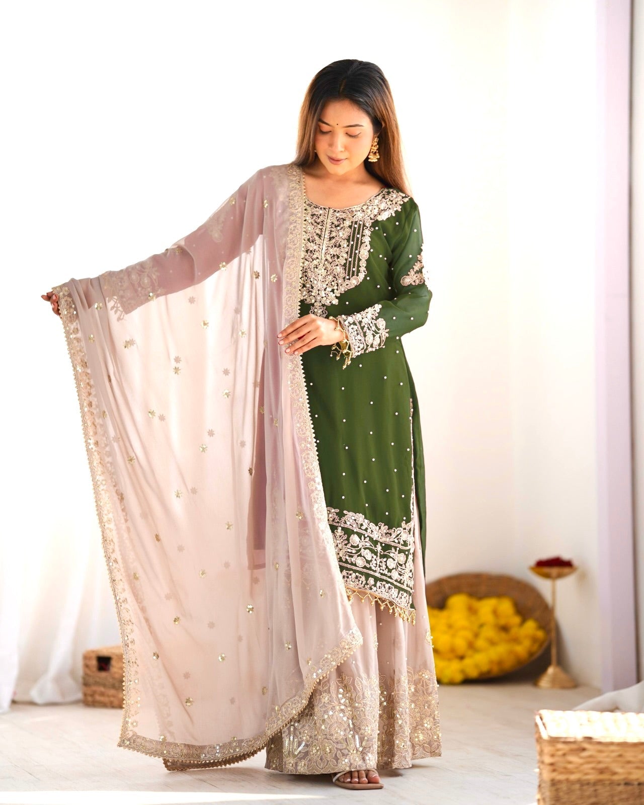 Top-Bottom And Dupatta With Heavy Embroidery Coding Dori-Sequence Work