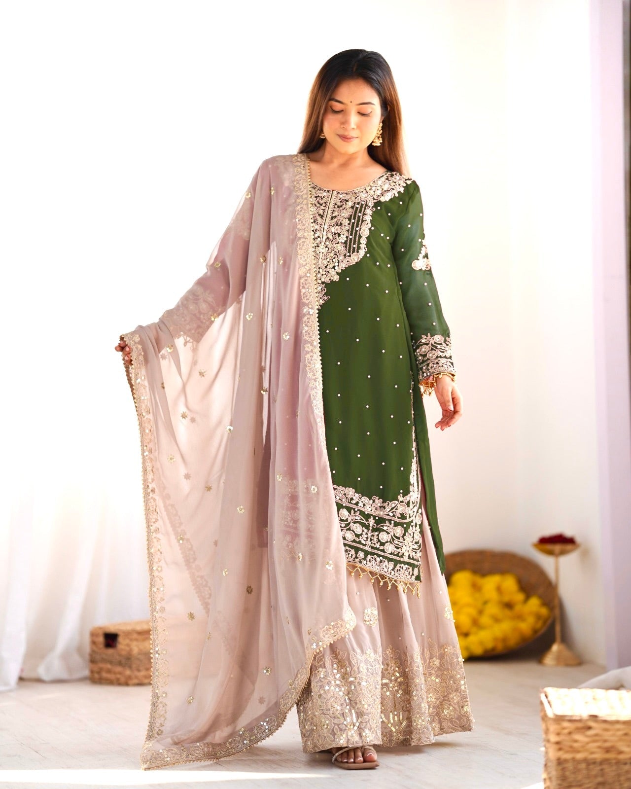 Top-Bottom And Dupatta With Heavy Embroidery Coding Dori-Sequence Work