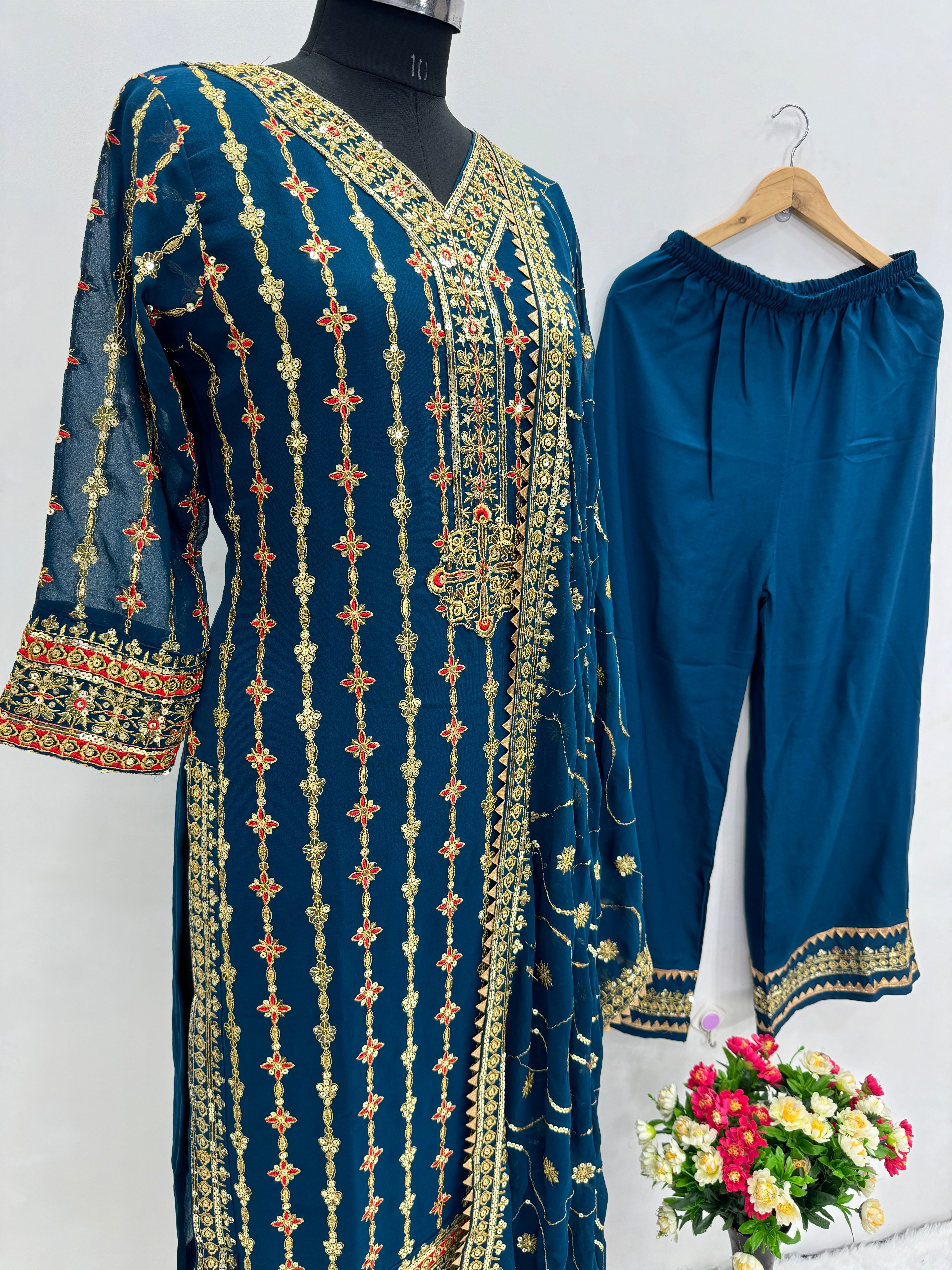 Party Wear Beautiful Top Plazzo And Dupatta With Embroidery Work
