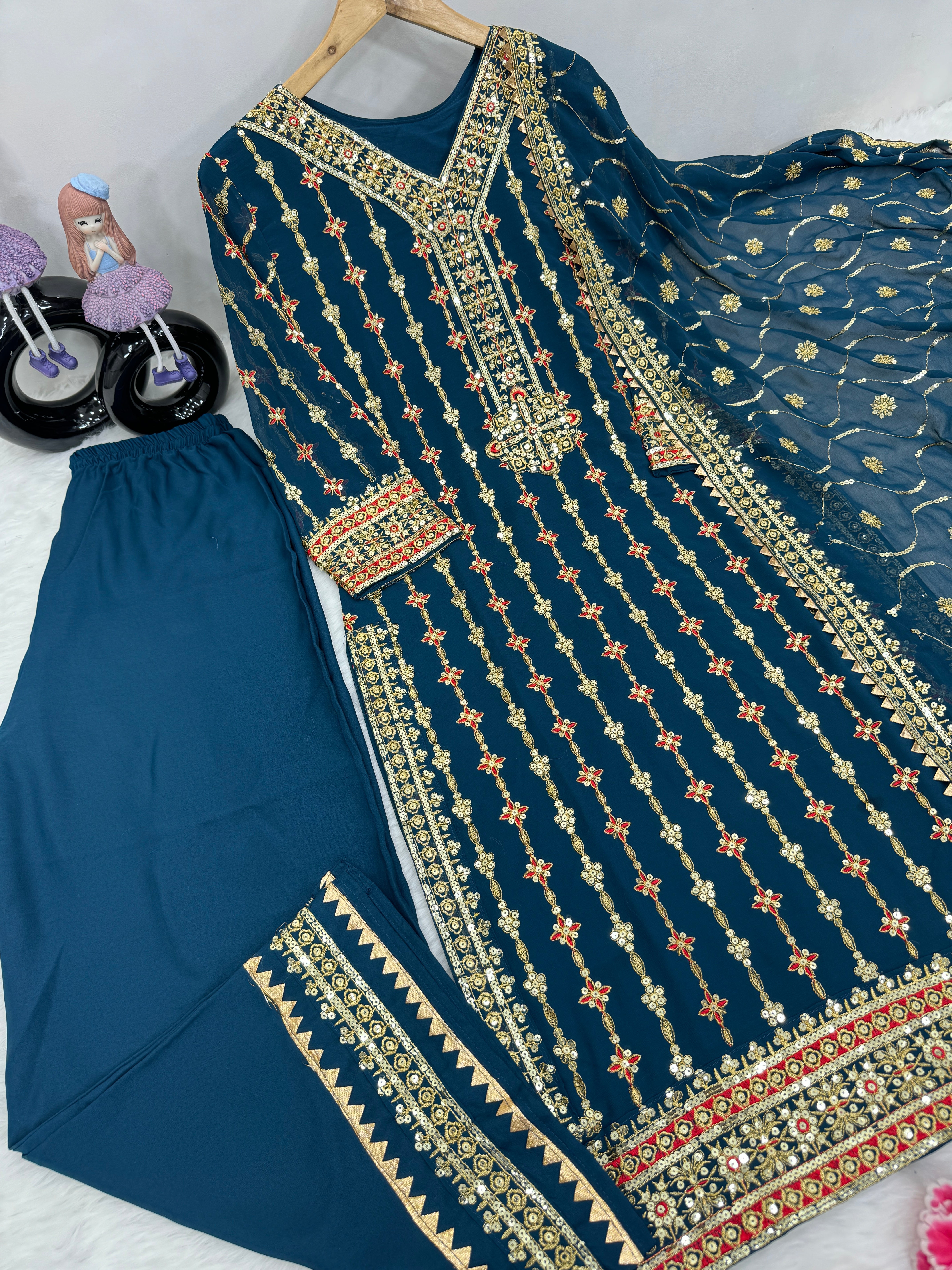 Party Wear Beautiful Top Plazzo And Dupatta With Embroidery Work