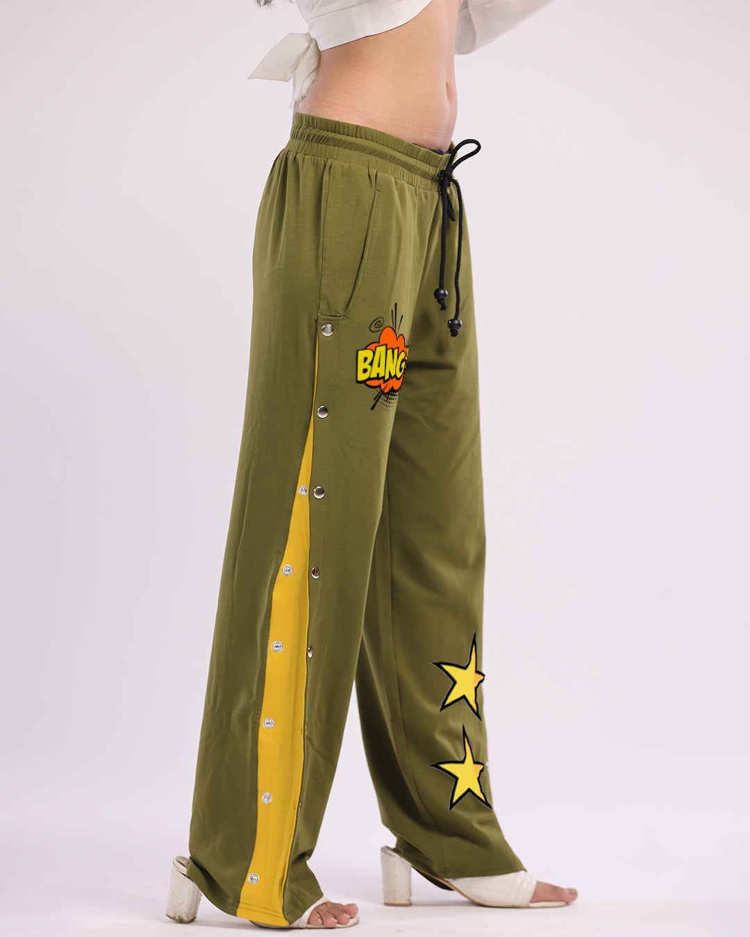 Women olive Snap Buttons Cotton trouser - Bang