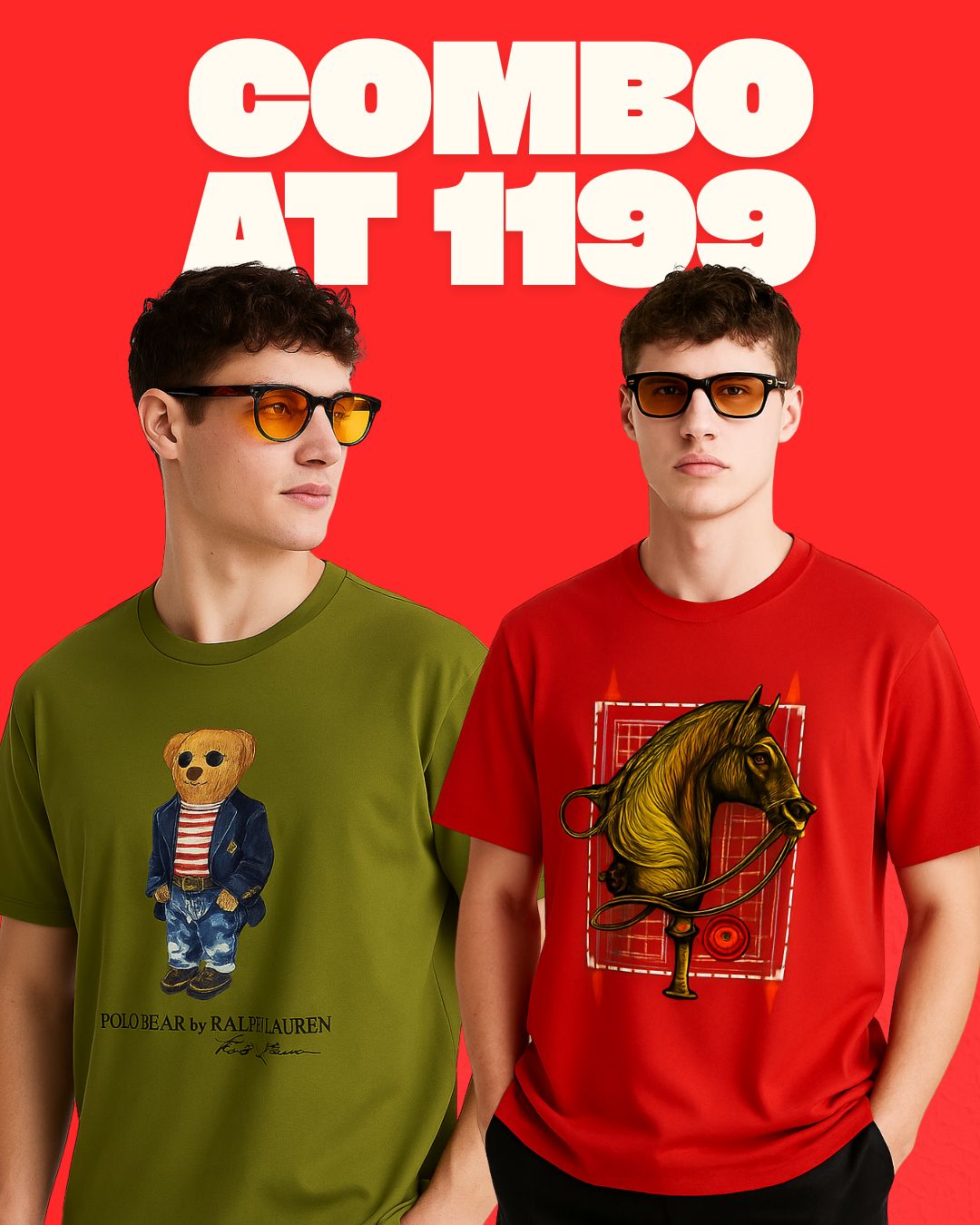 POLO BEAR (OLIVE), HERMESS HORSE (RED) TEE COMBO OF 2(*)