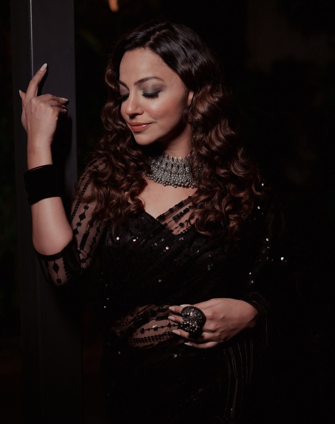 Party Wear Designer Saree With Sequence & Thread Work