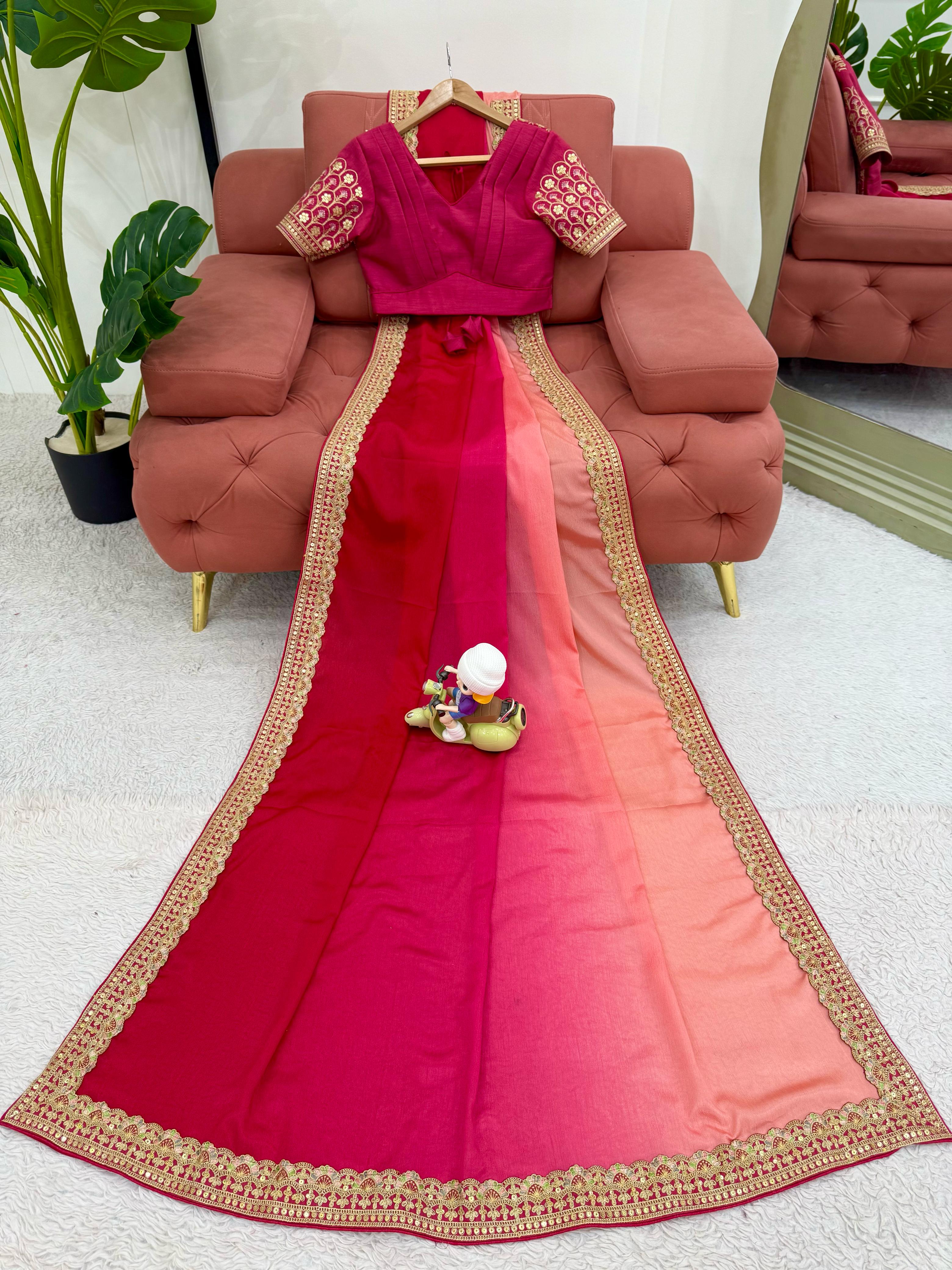 Beautiful Party Wear Saree With Thread & Sequence Lace Work