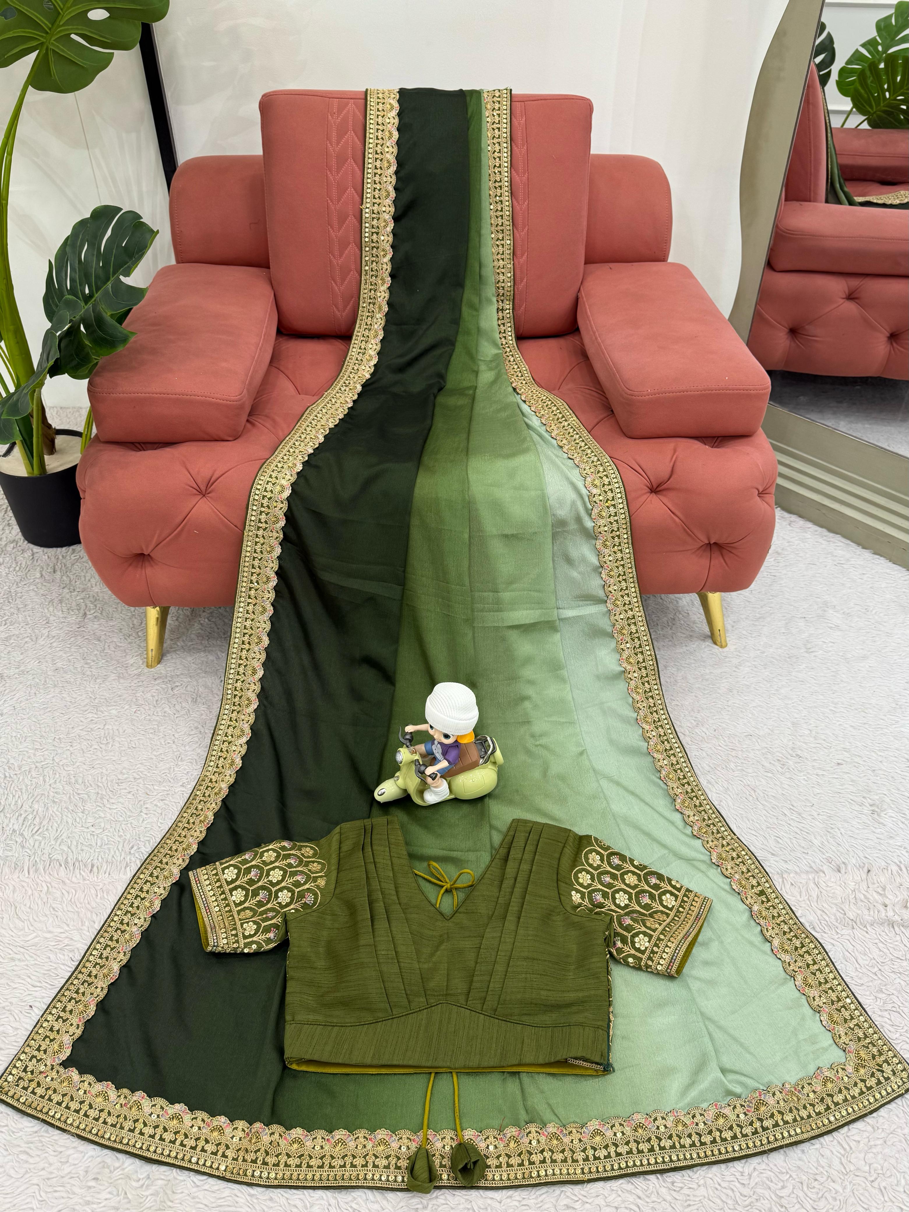 Beautiful Party Wear Saree With Thread & Sequence Lace Work